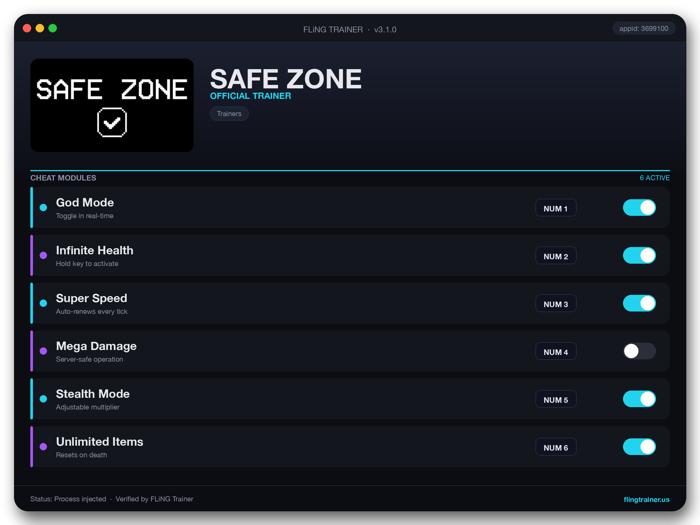 SAFE ZONE Trainer interface