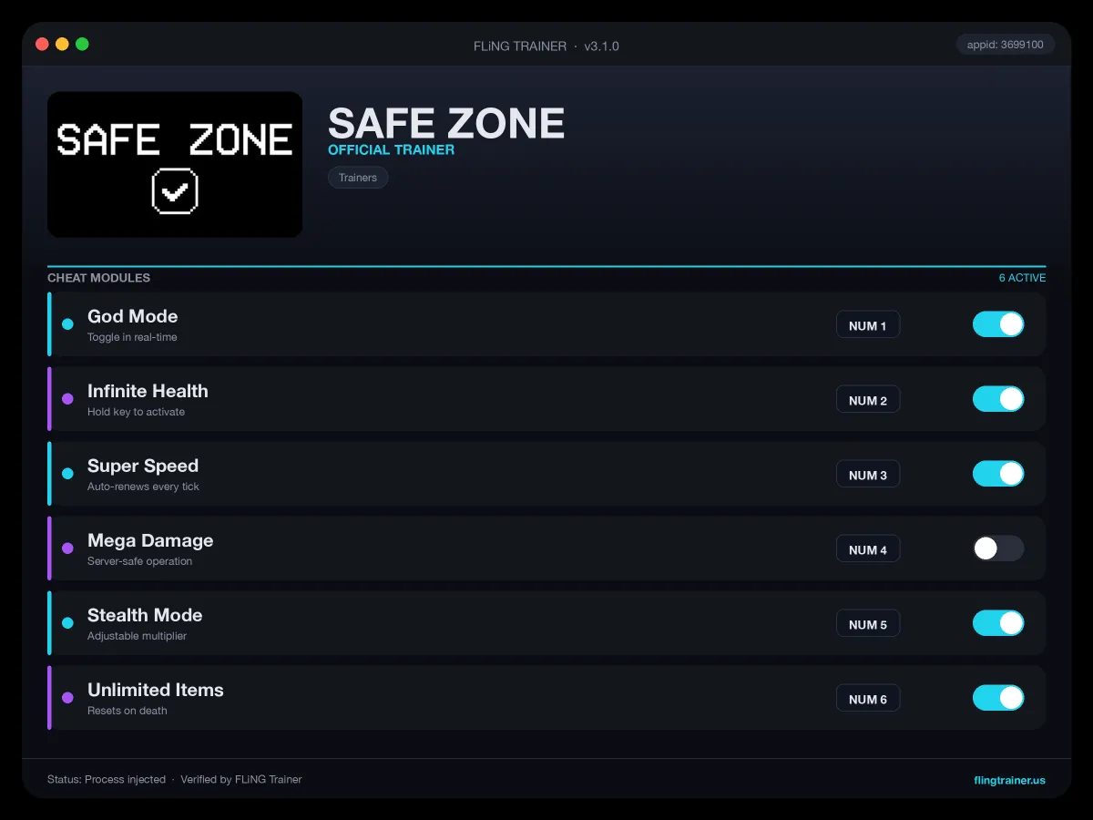 SAFE ZONE Trainer interface
