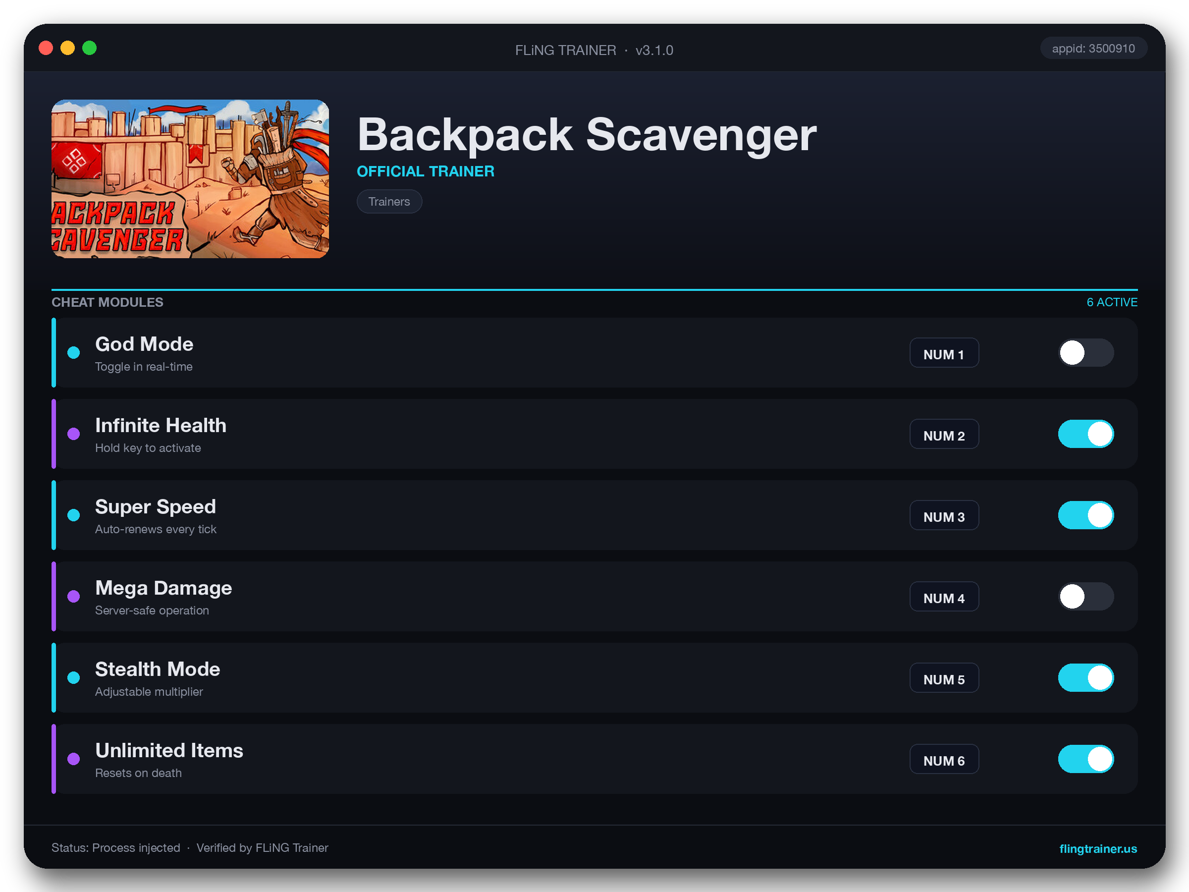 Backpack Scavenger Trainer interface