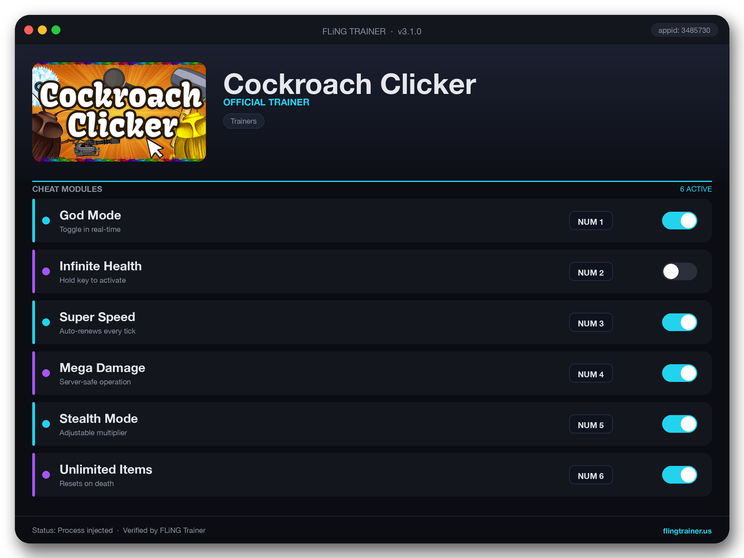 Cockroach Clicker Trainer interface