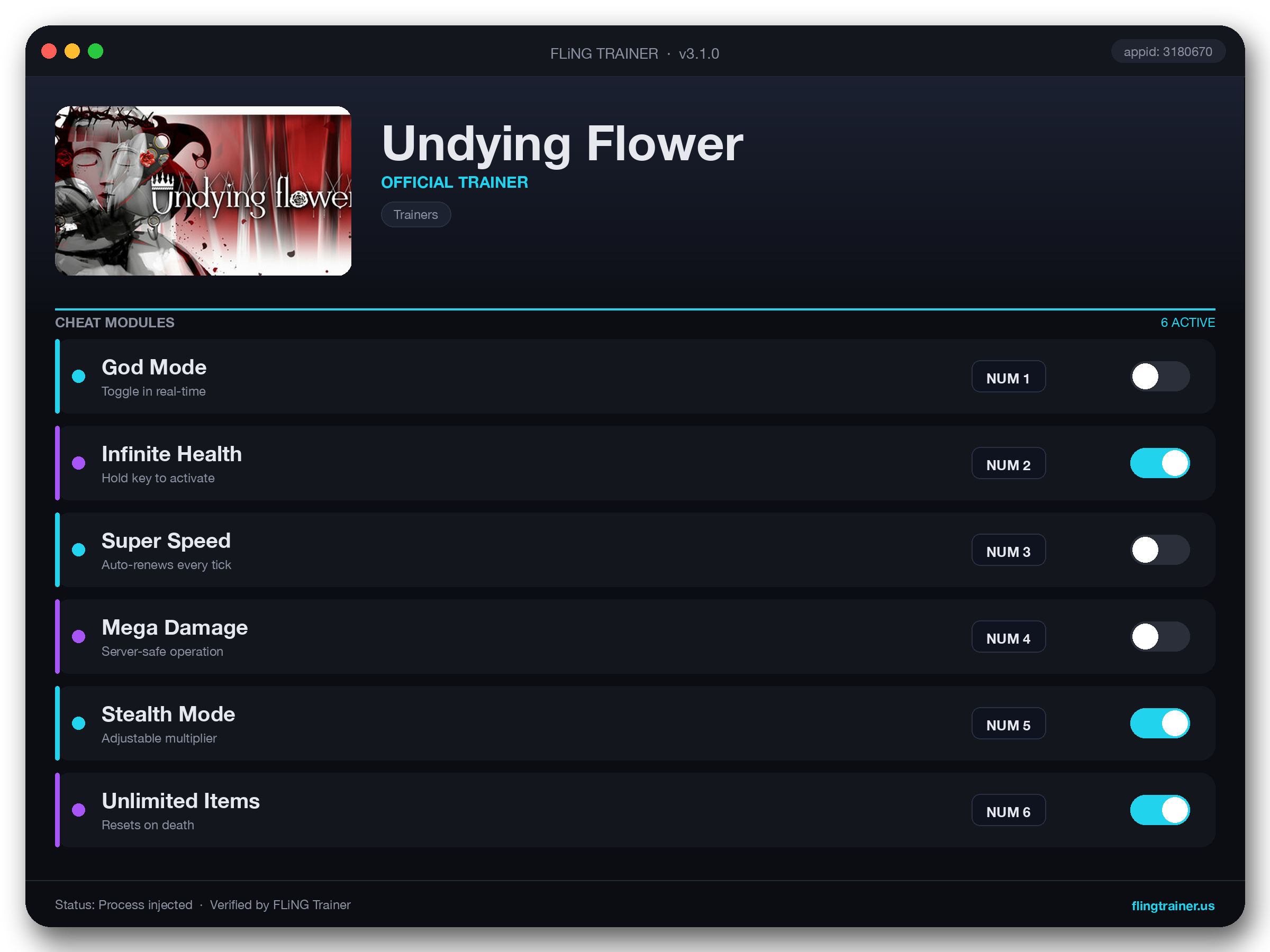 Undying Flower Trainer interface