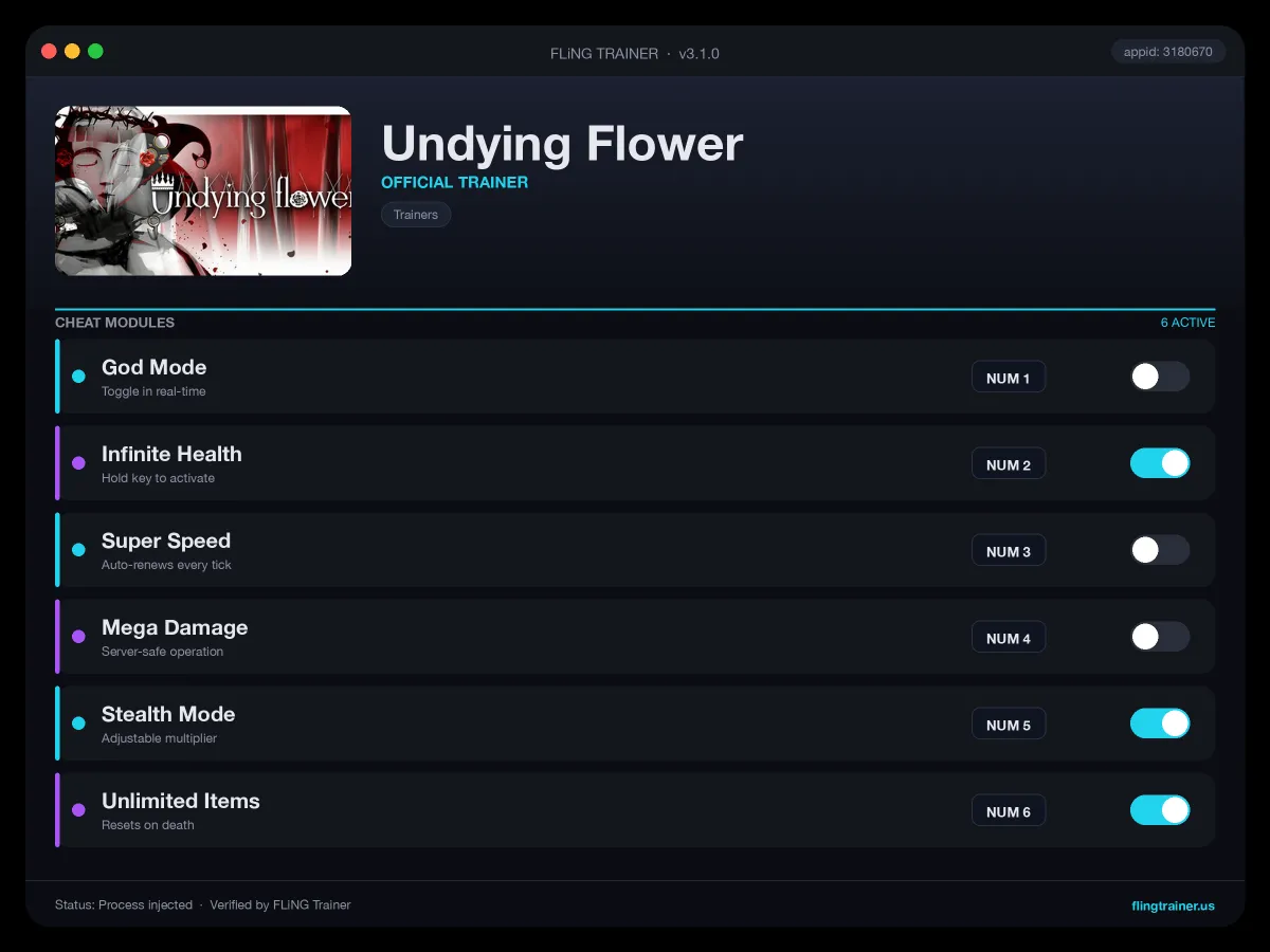 Undying Flower Trainer interface