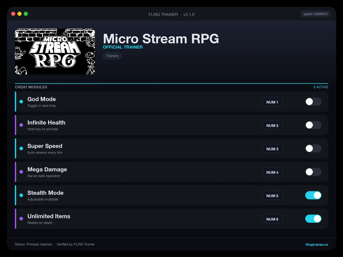 Micro Stream RPG Trainer interface