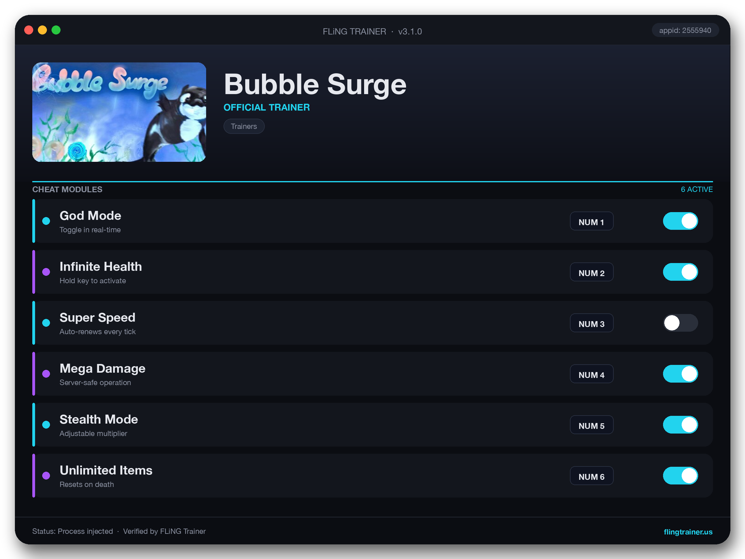 Bubble Surge Trainer interface