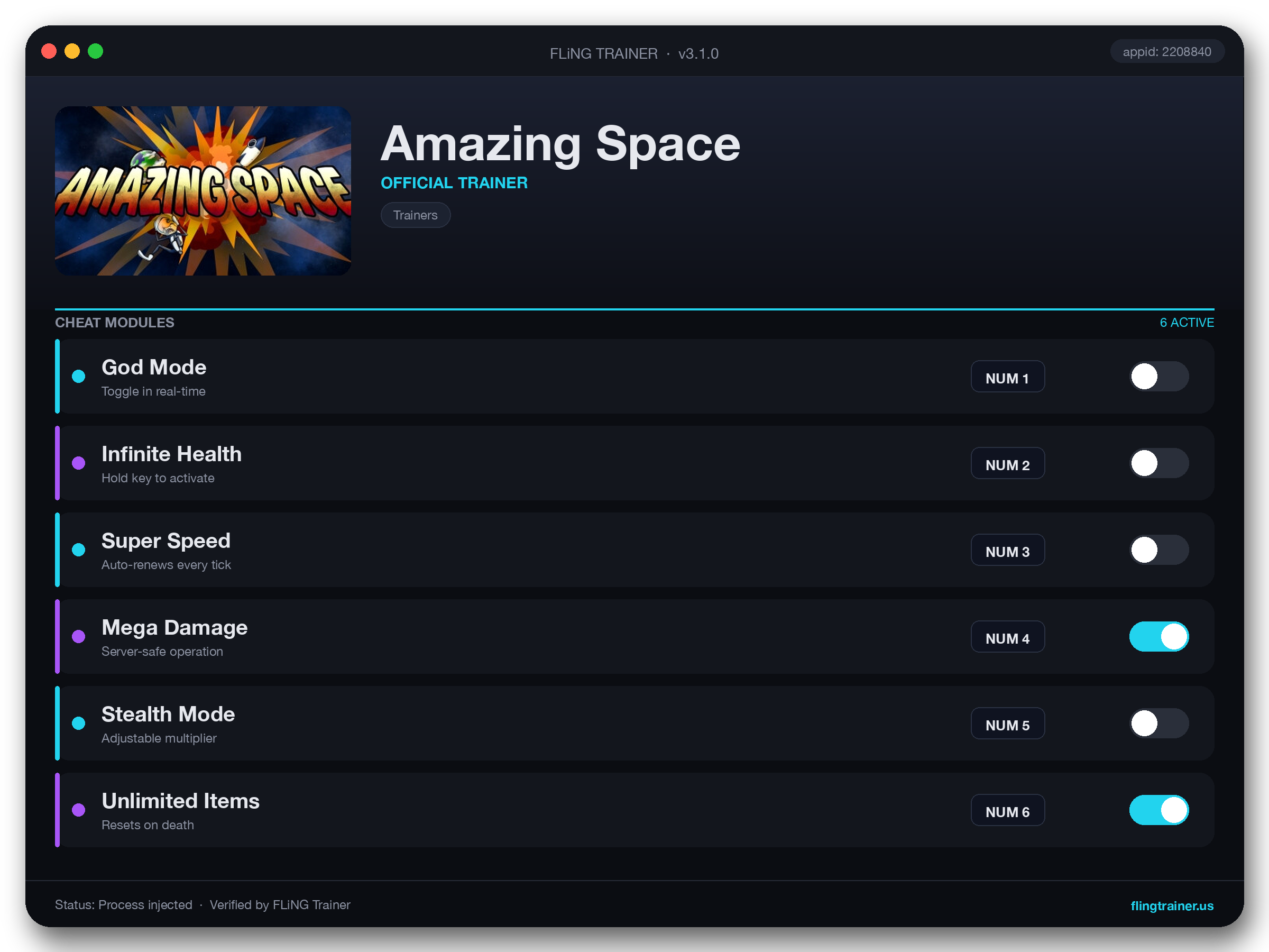 Amazing Space Trainer interface