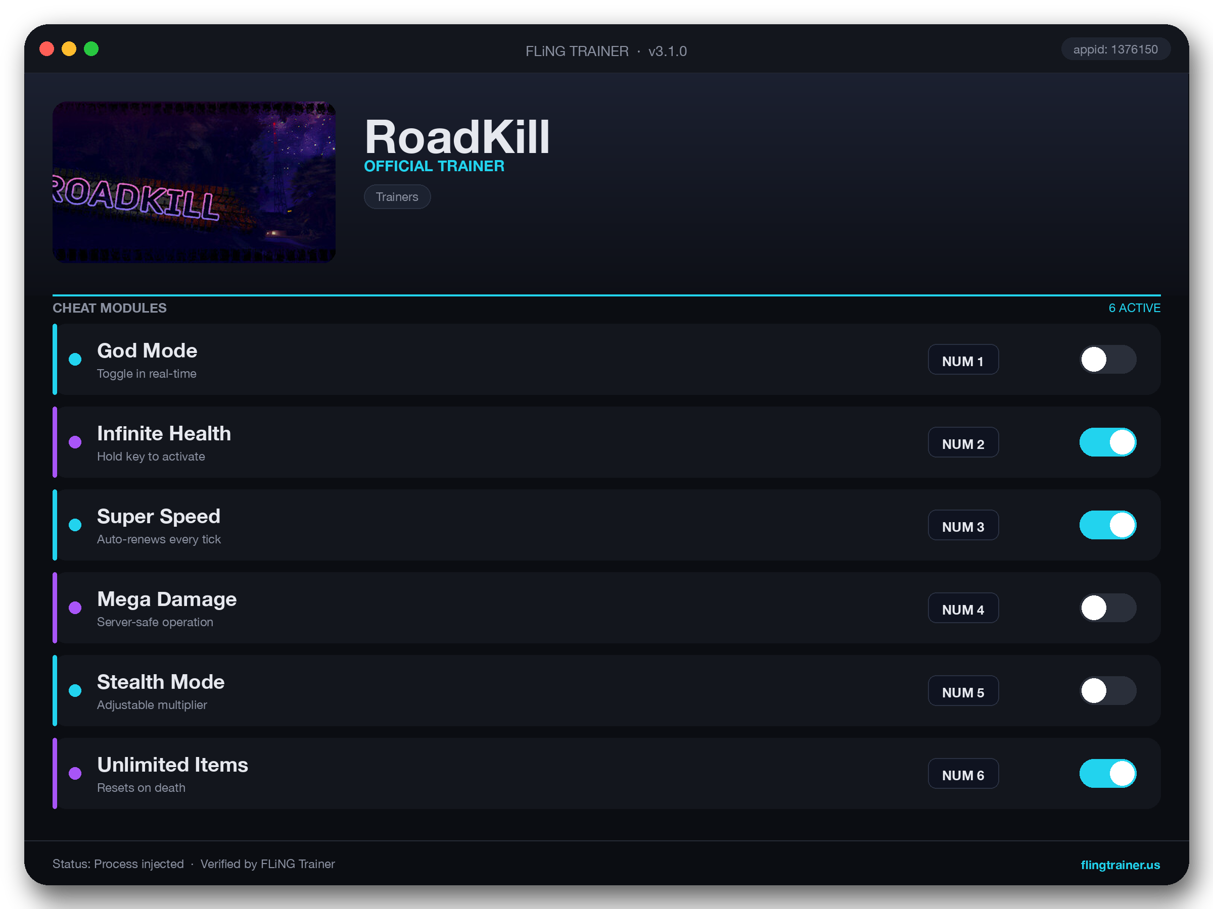 RoadKill Trainer interface