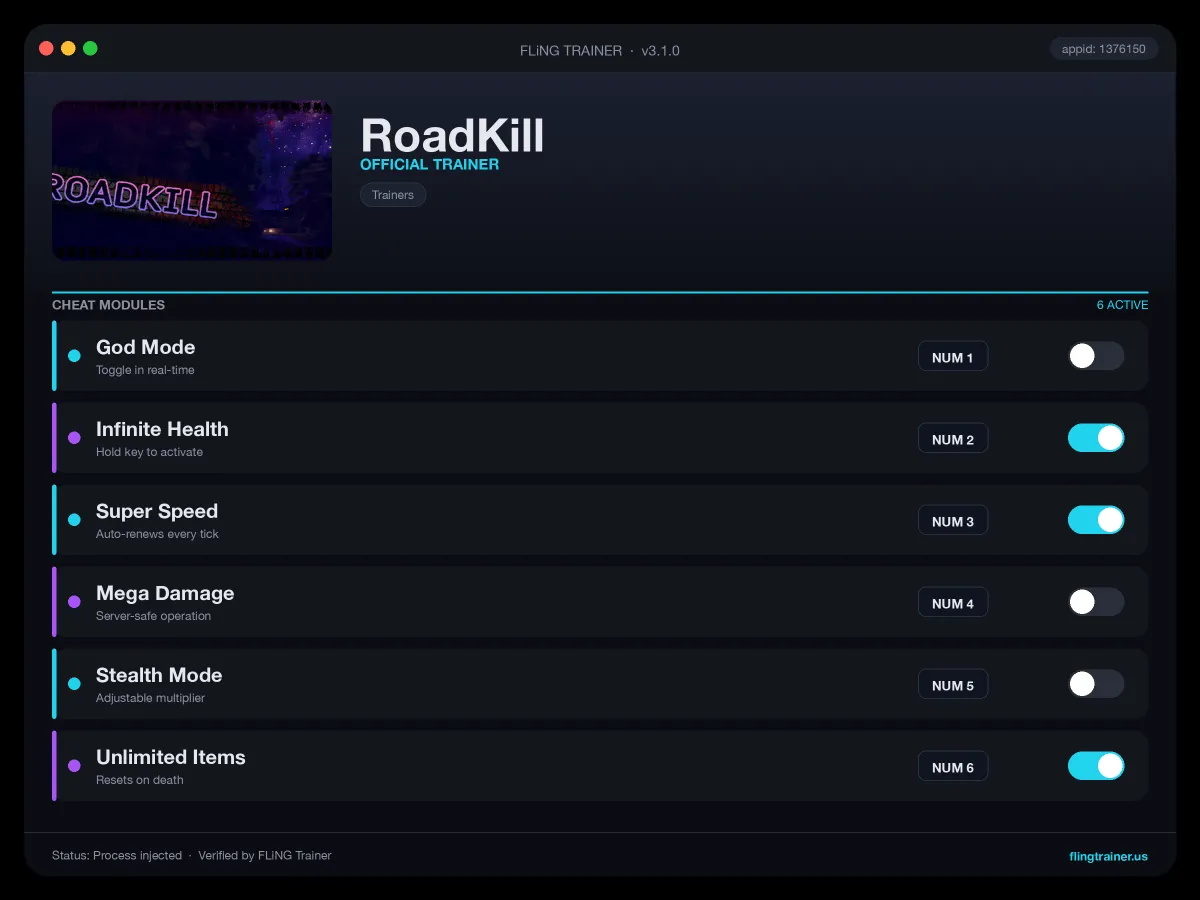 RoadKill Trainer interface