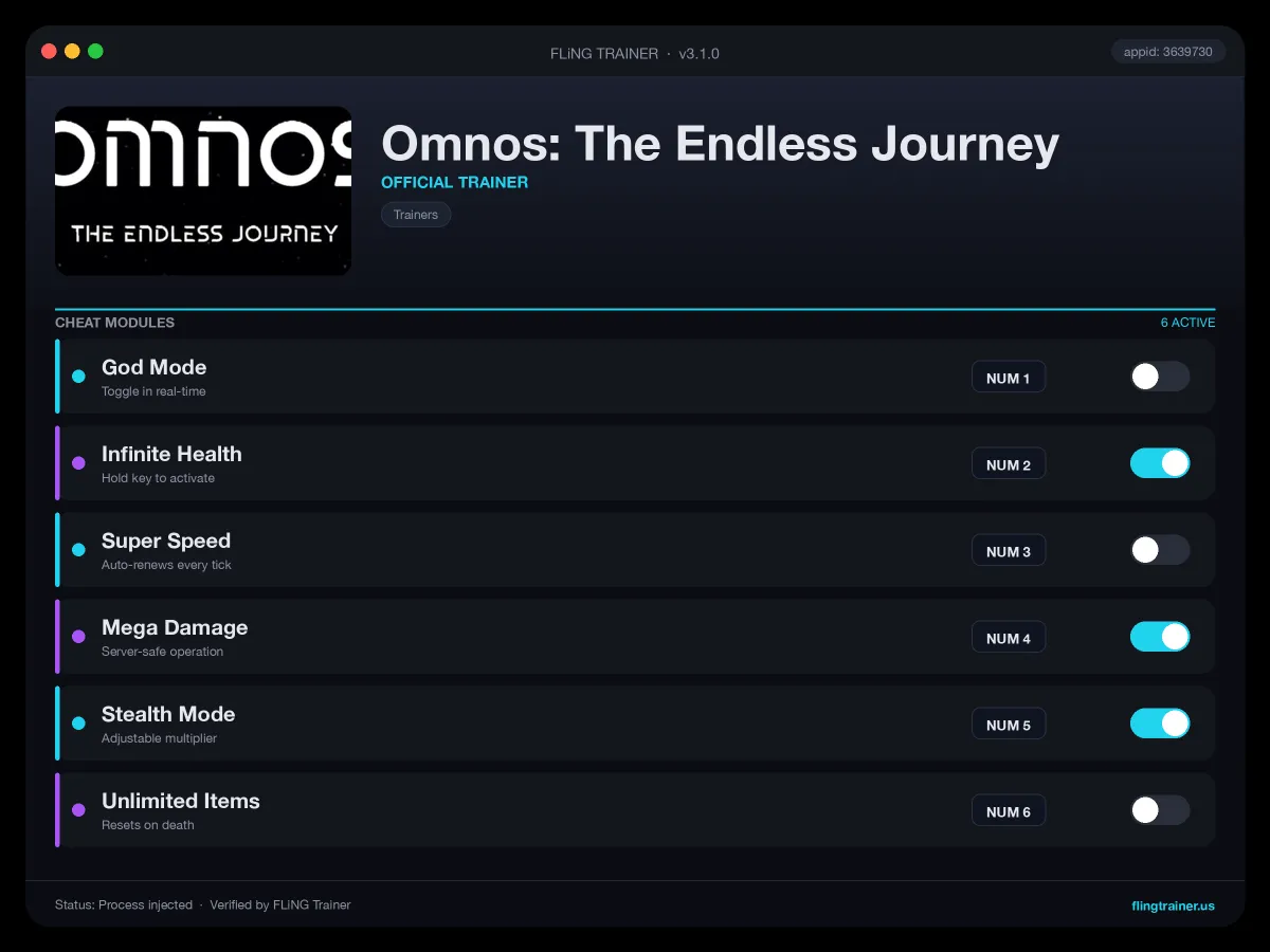 Omnos: The Endless Journey Trainer interface