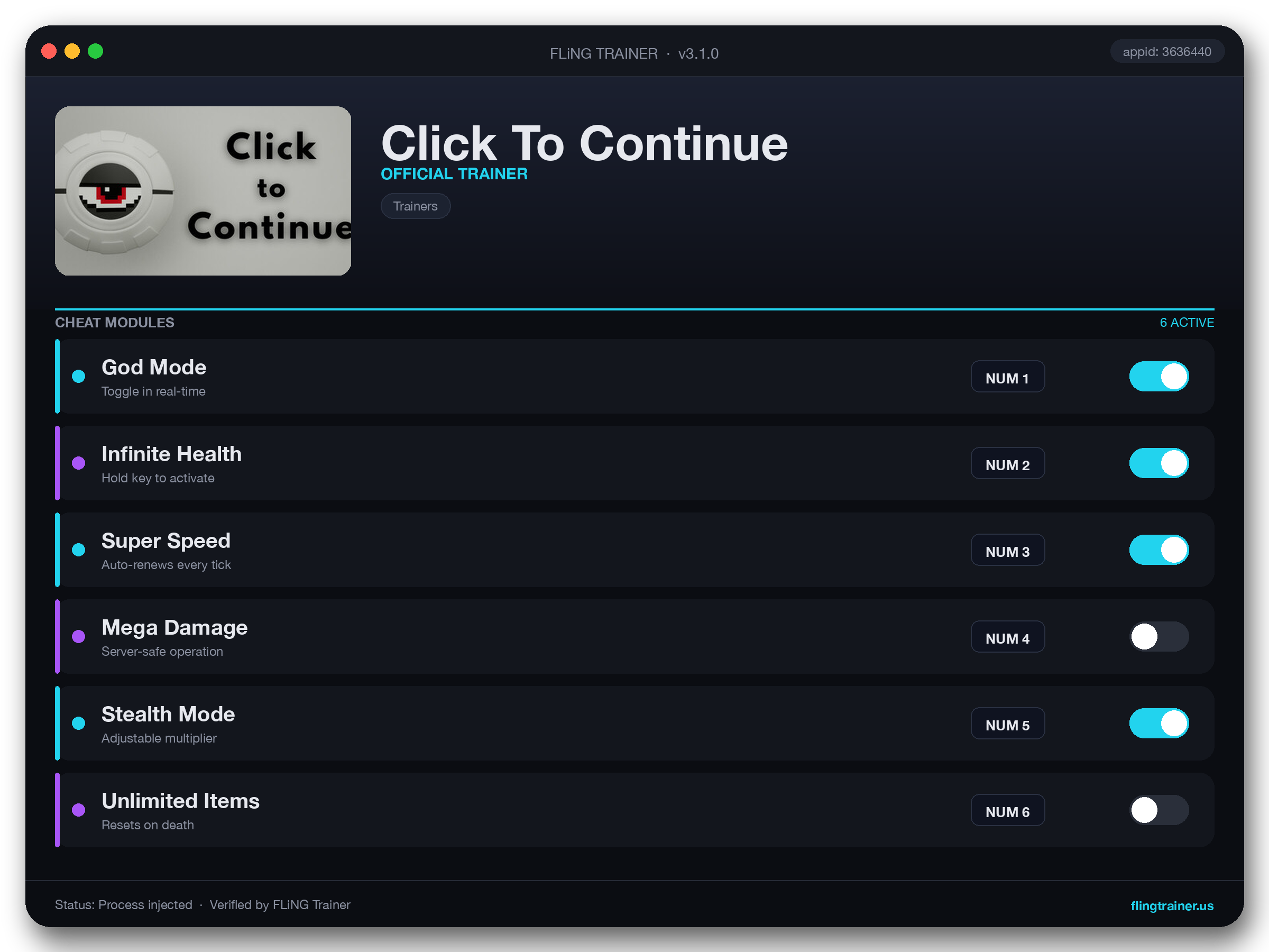 Click To Continue Trainer interface