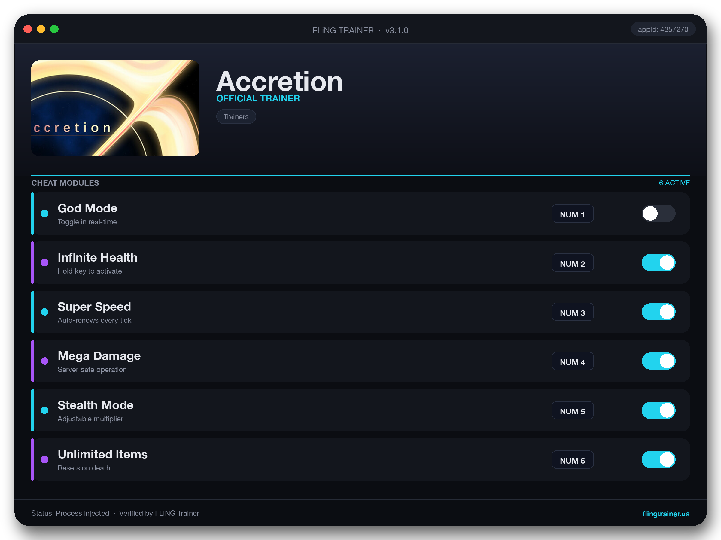 Accretion Trainer interface