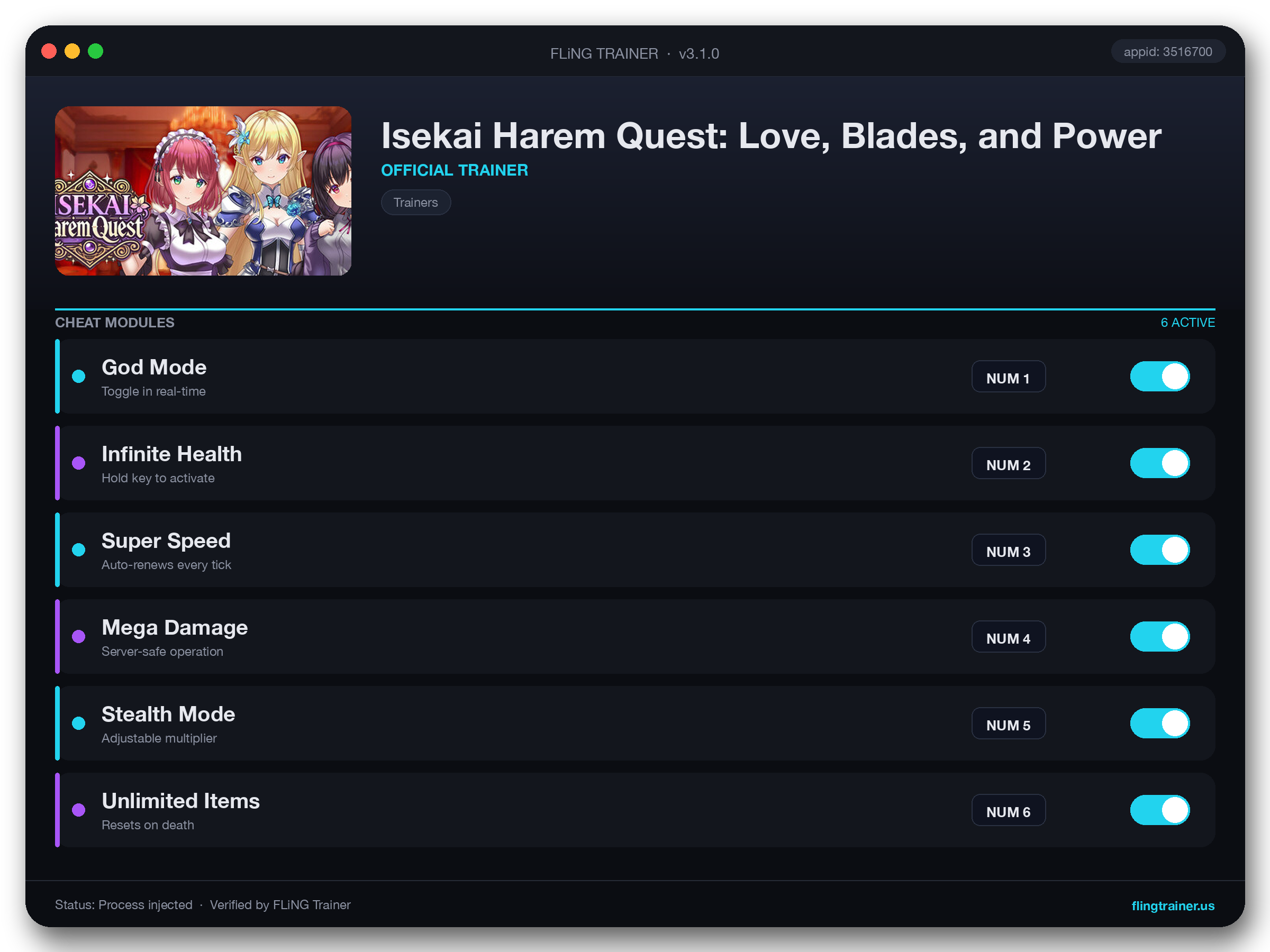 Isekai Harem Quest: Love, Blades, and Power Trainer interface