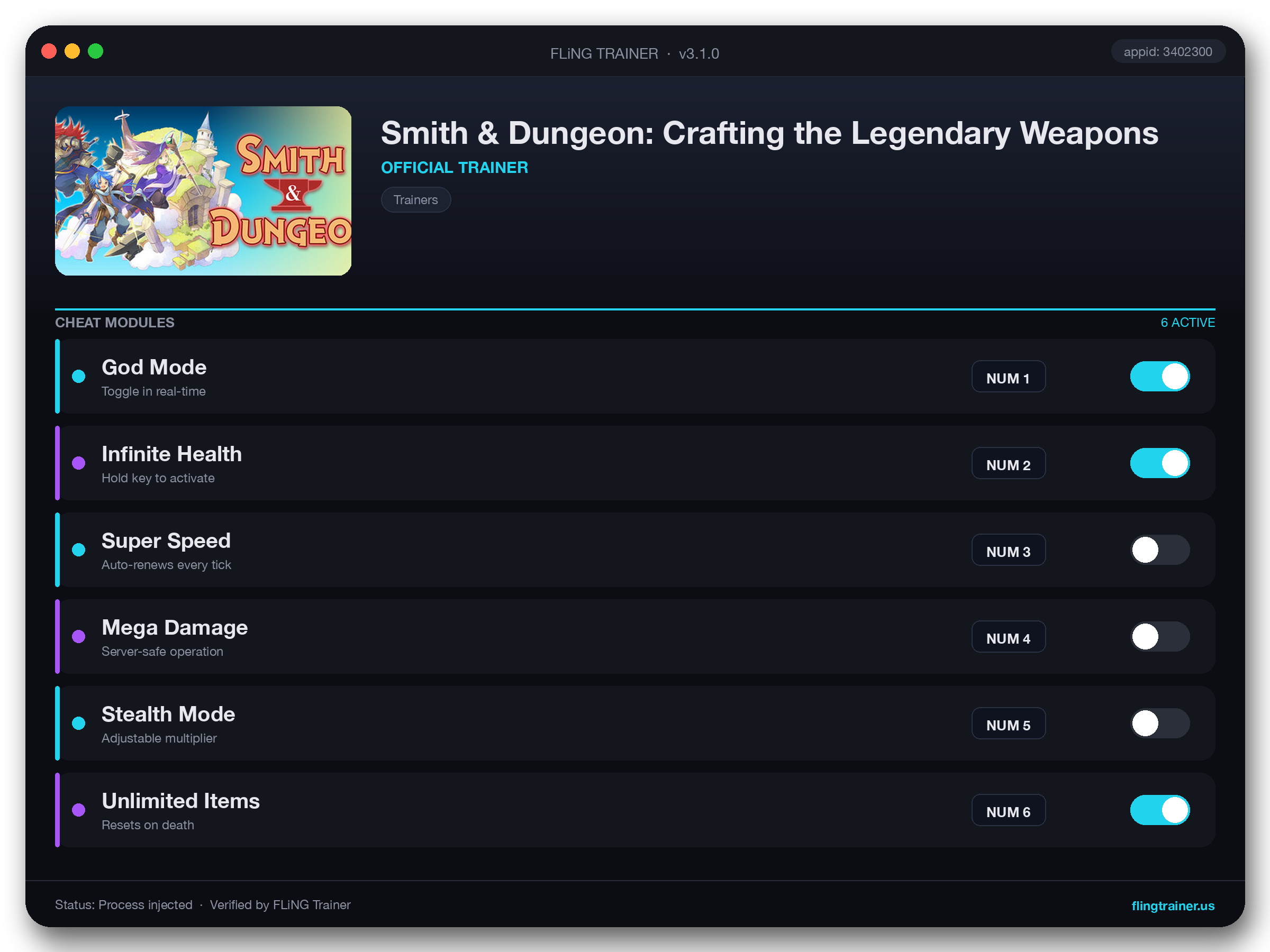 Smith & Dungeon: Crafting the Legendary Weapons Trainer interface