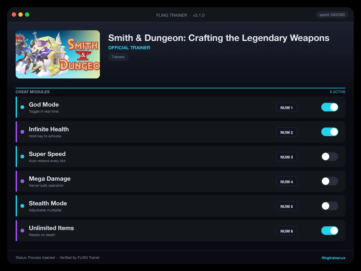 Smith & Dungeon: Crafting the Legendary Weapons Trainer interface