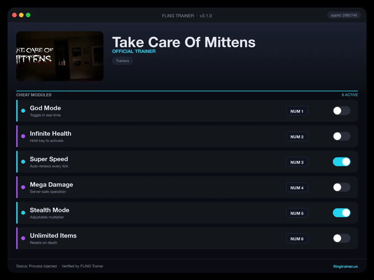 Take Care Of Mittens Trainer interface