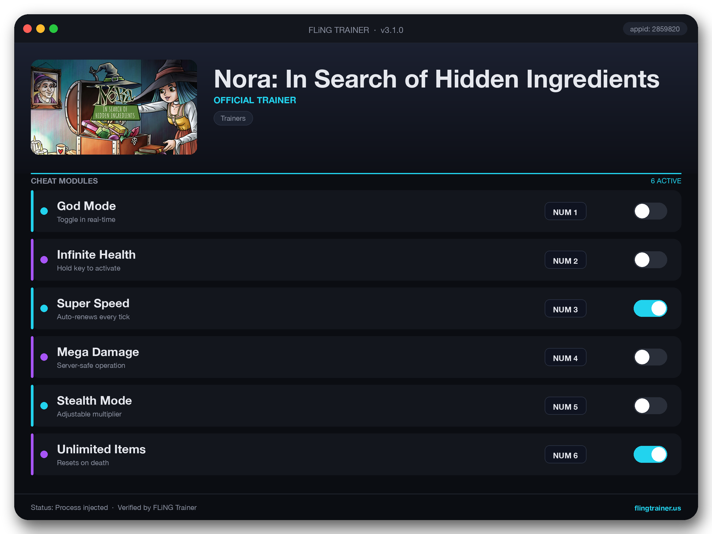 Nora: In Search of Hidden Ingredients Trainer interface