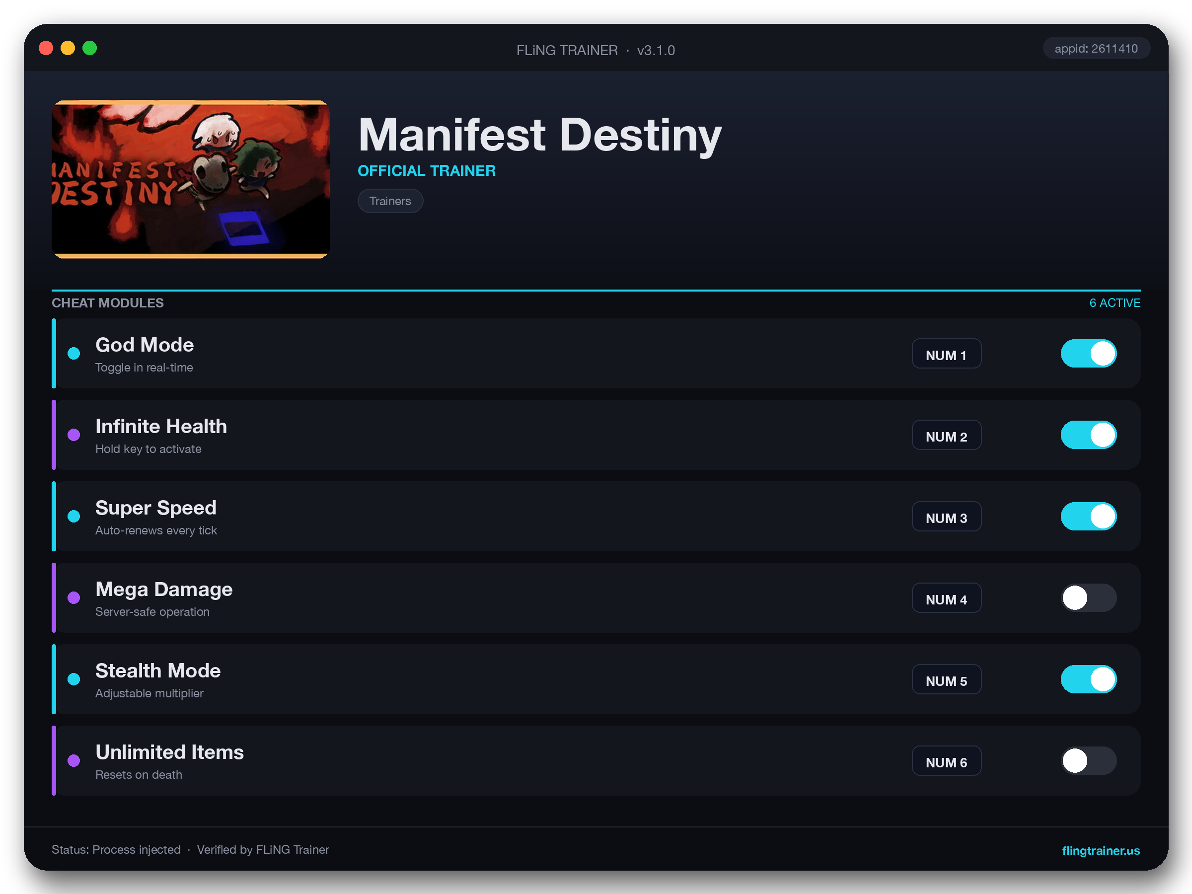 Manifest Destiny Trainer interface