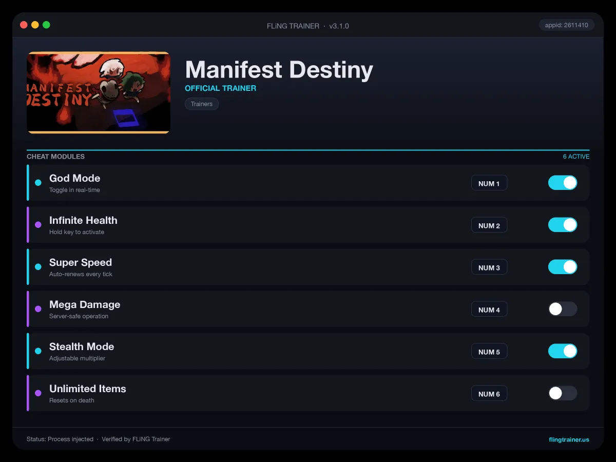 Manifest Destiny Trainer interface