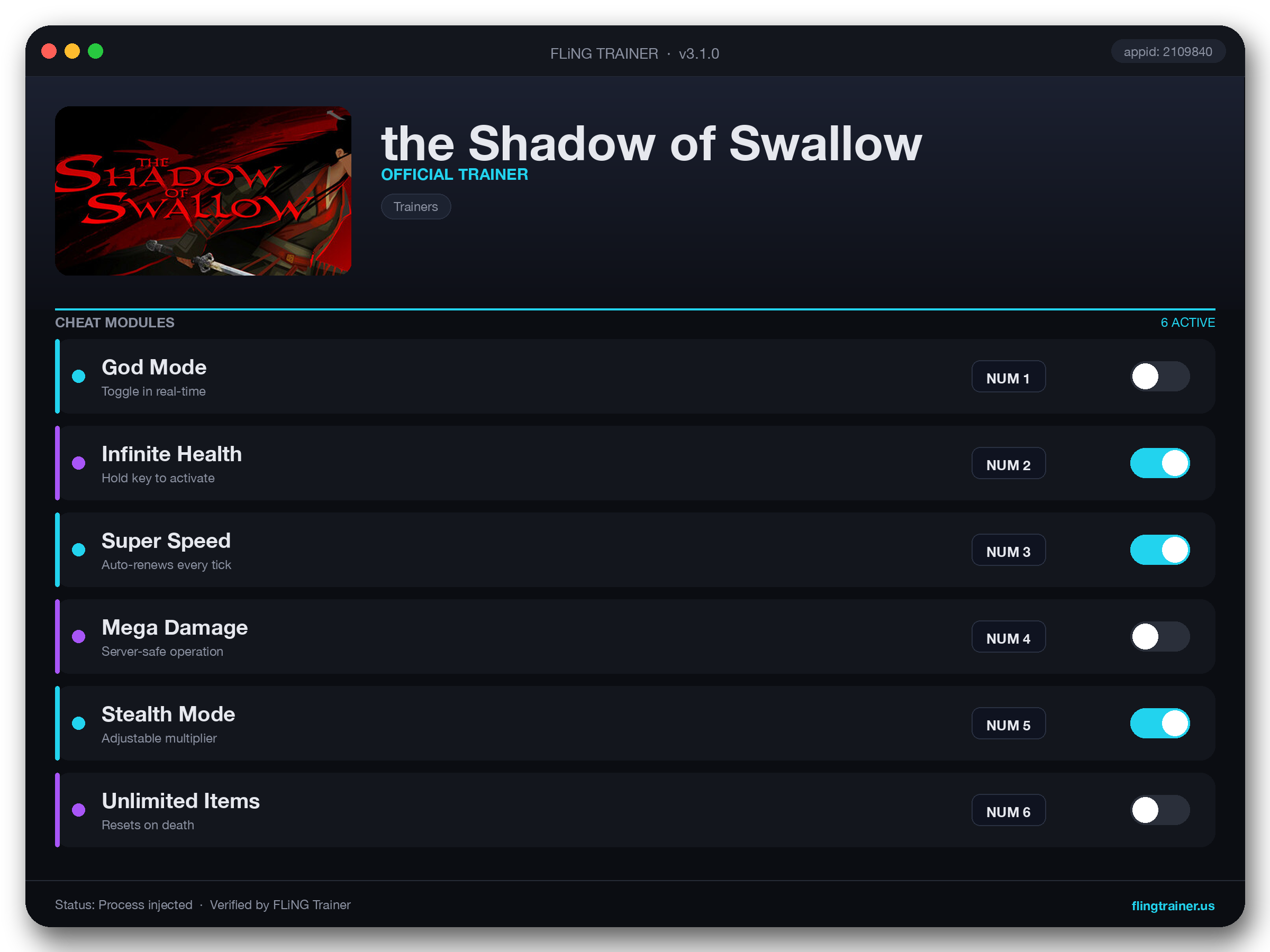the Shadow of Swallow Trainer interface