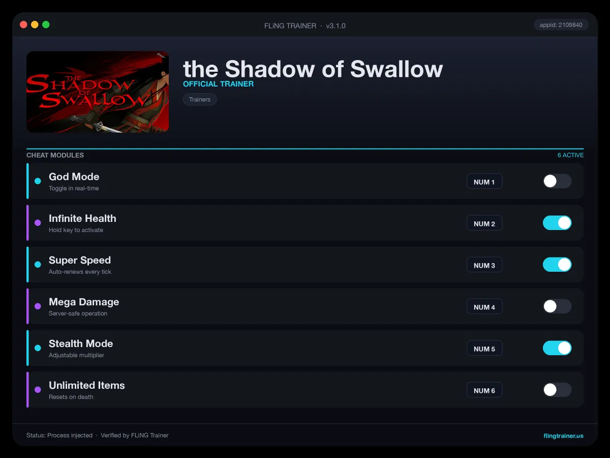 the Shadow of Swallow Trainer interface
