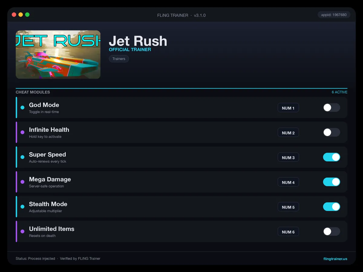 Jet Rush Trainer interface