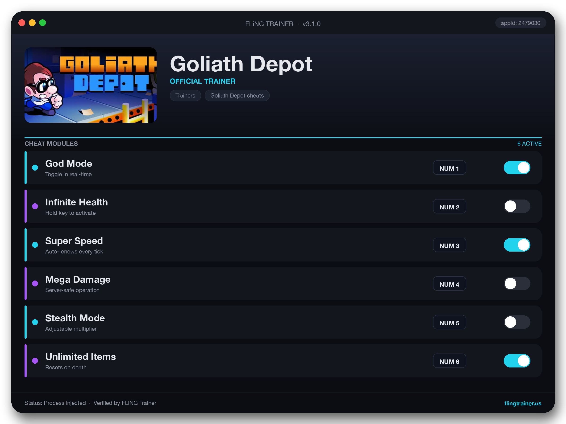 Goliath Depot Trainer interface