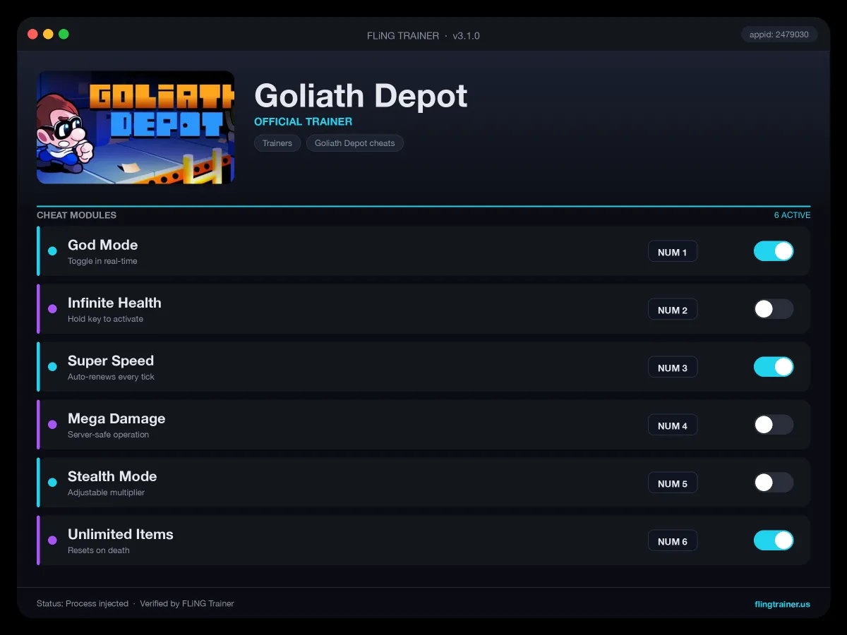 Goliath Depot Trainer interface