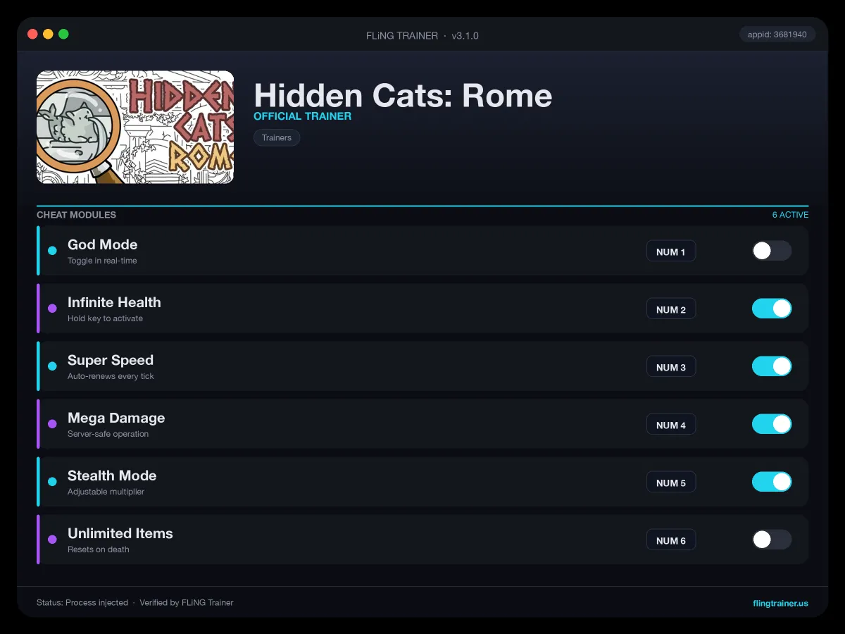 Hidden Cats: Rome Trainer interface