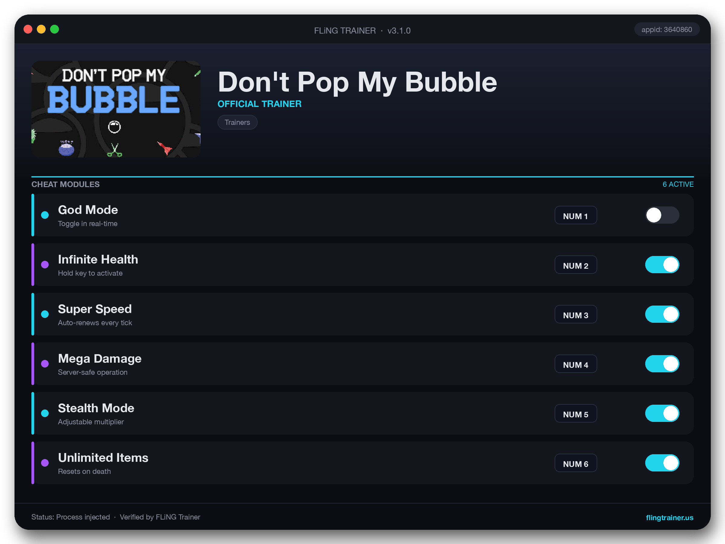 Don't Pop My Bubble Trainer interface