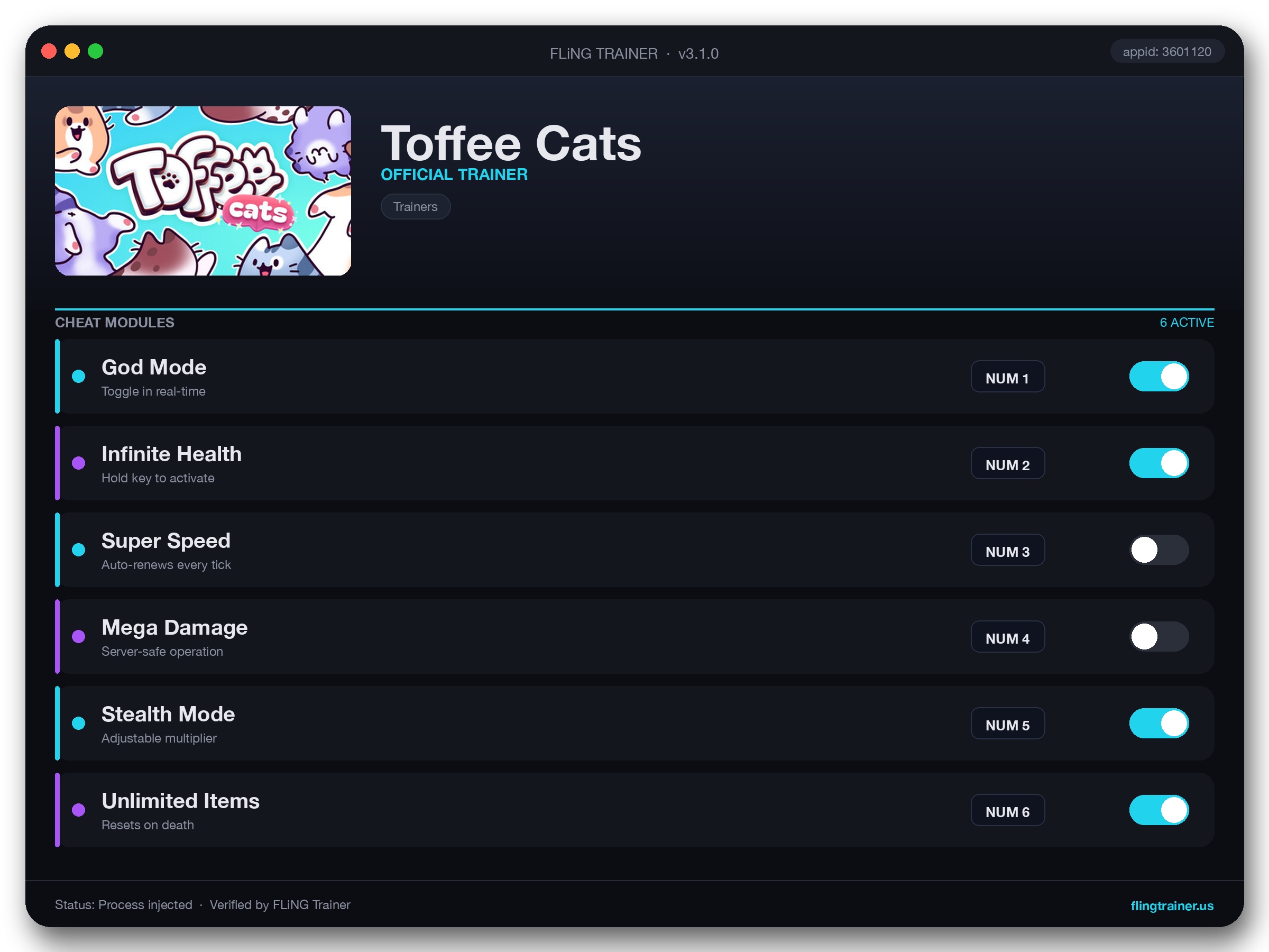 Toffee Cats Trainer interface