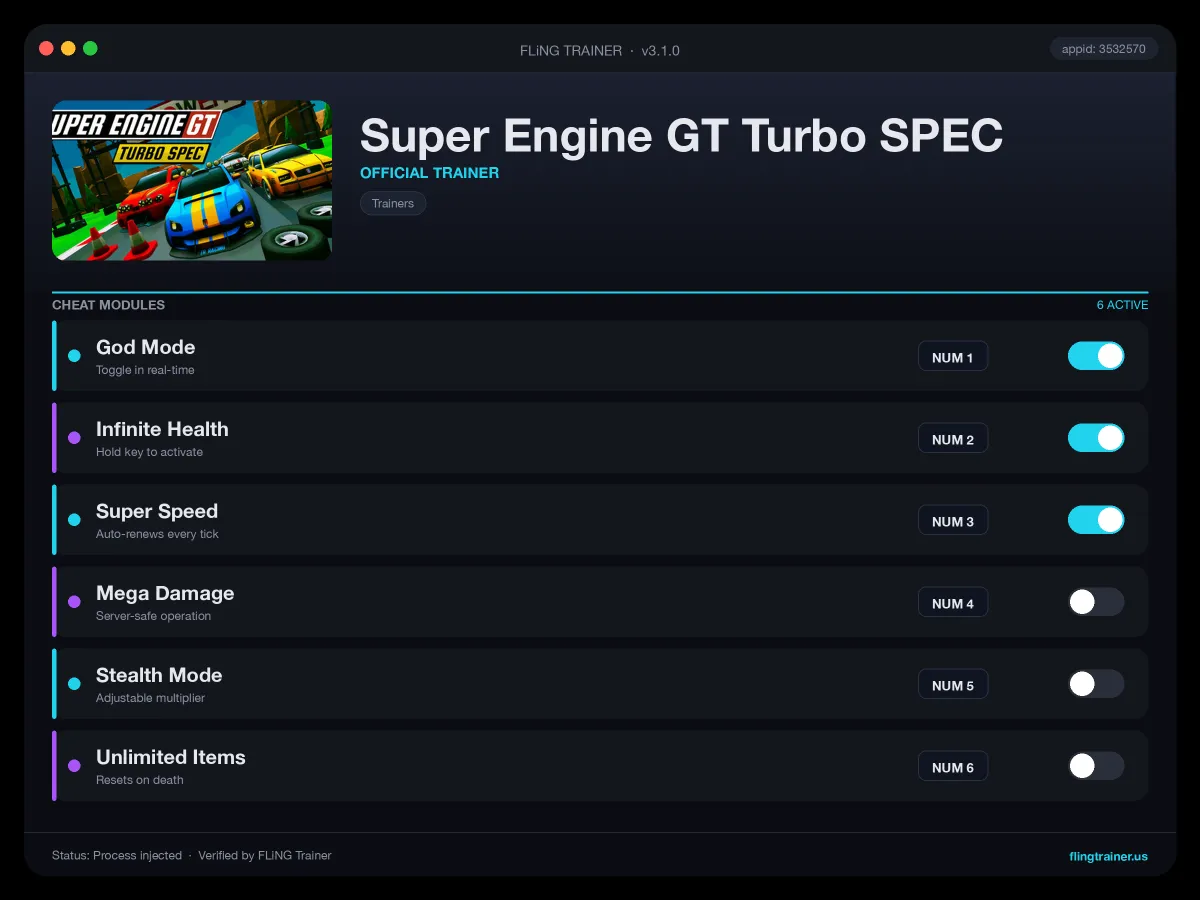 Super Engine GT Turbo SPEC Trainer interface