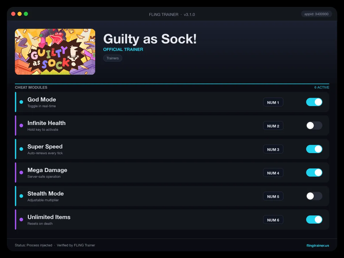 Guilty as Sock! Trainer interface