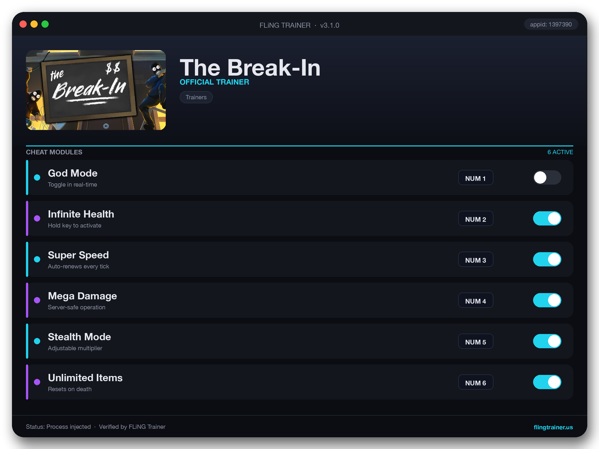 The Break-In Trainer interface