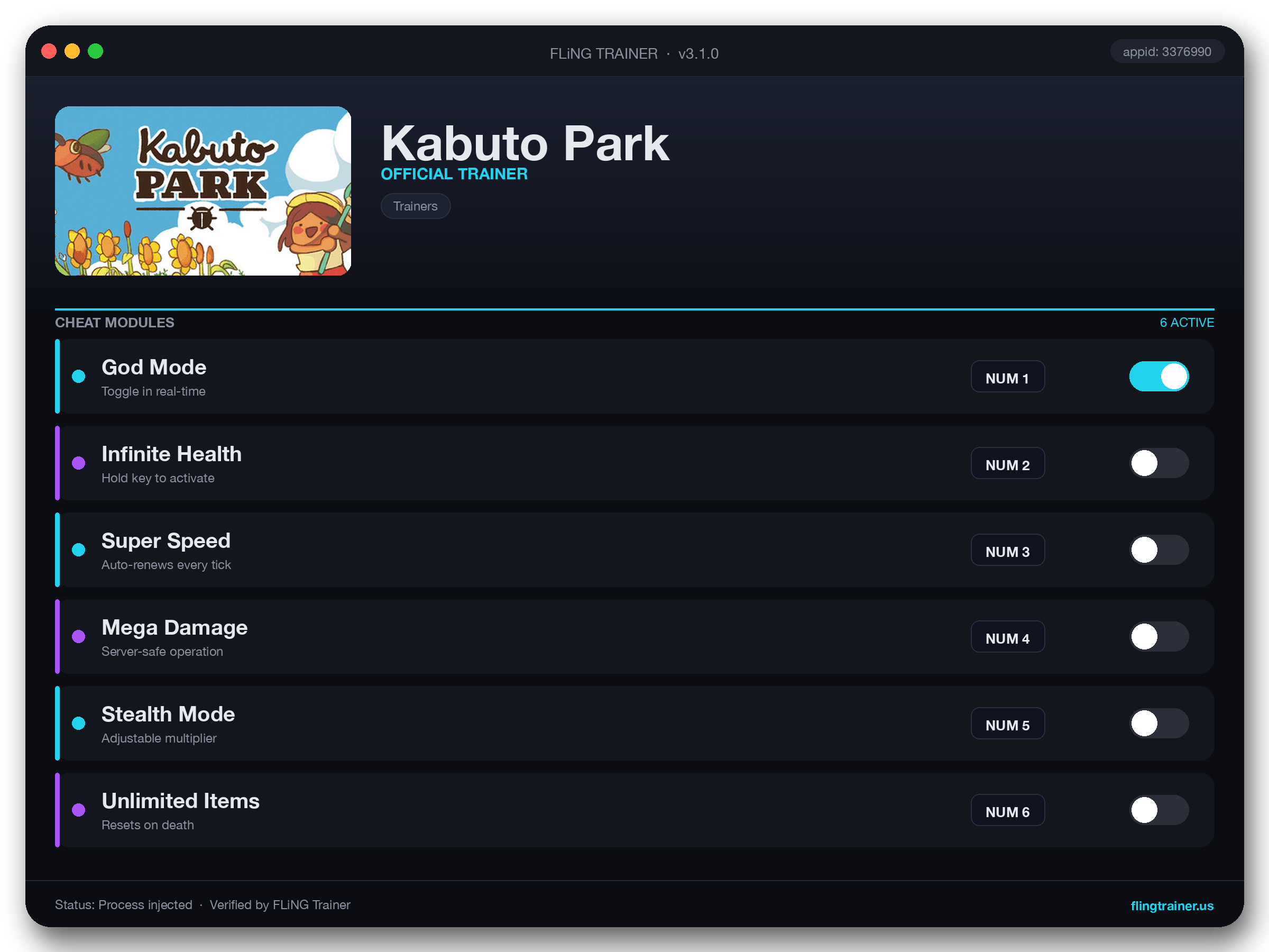 Kabuto Park Trainer interface