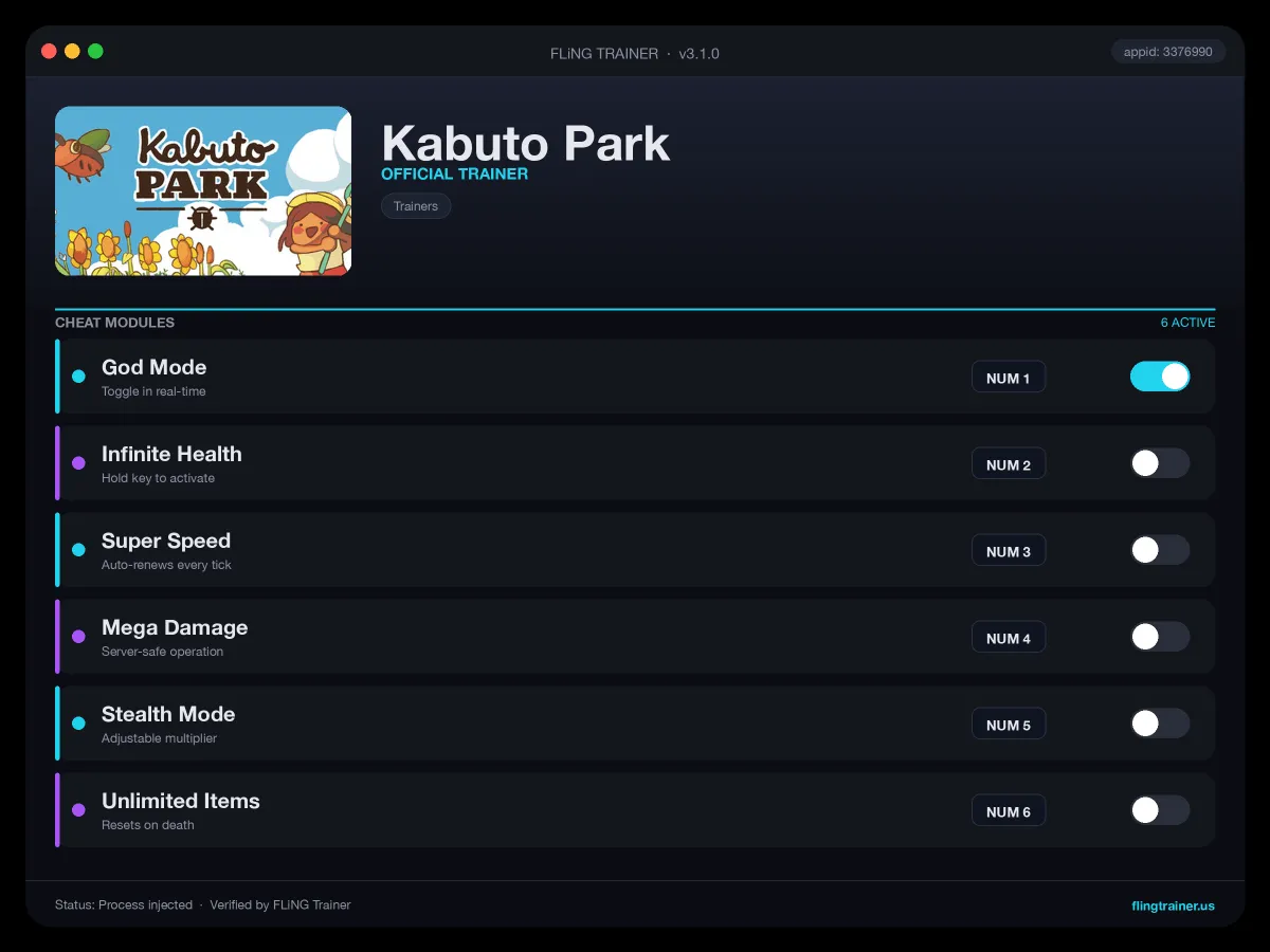 Kabuto Park Trainer interface