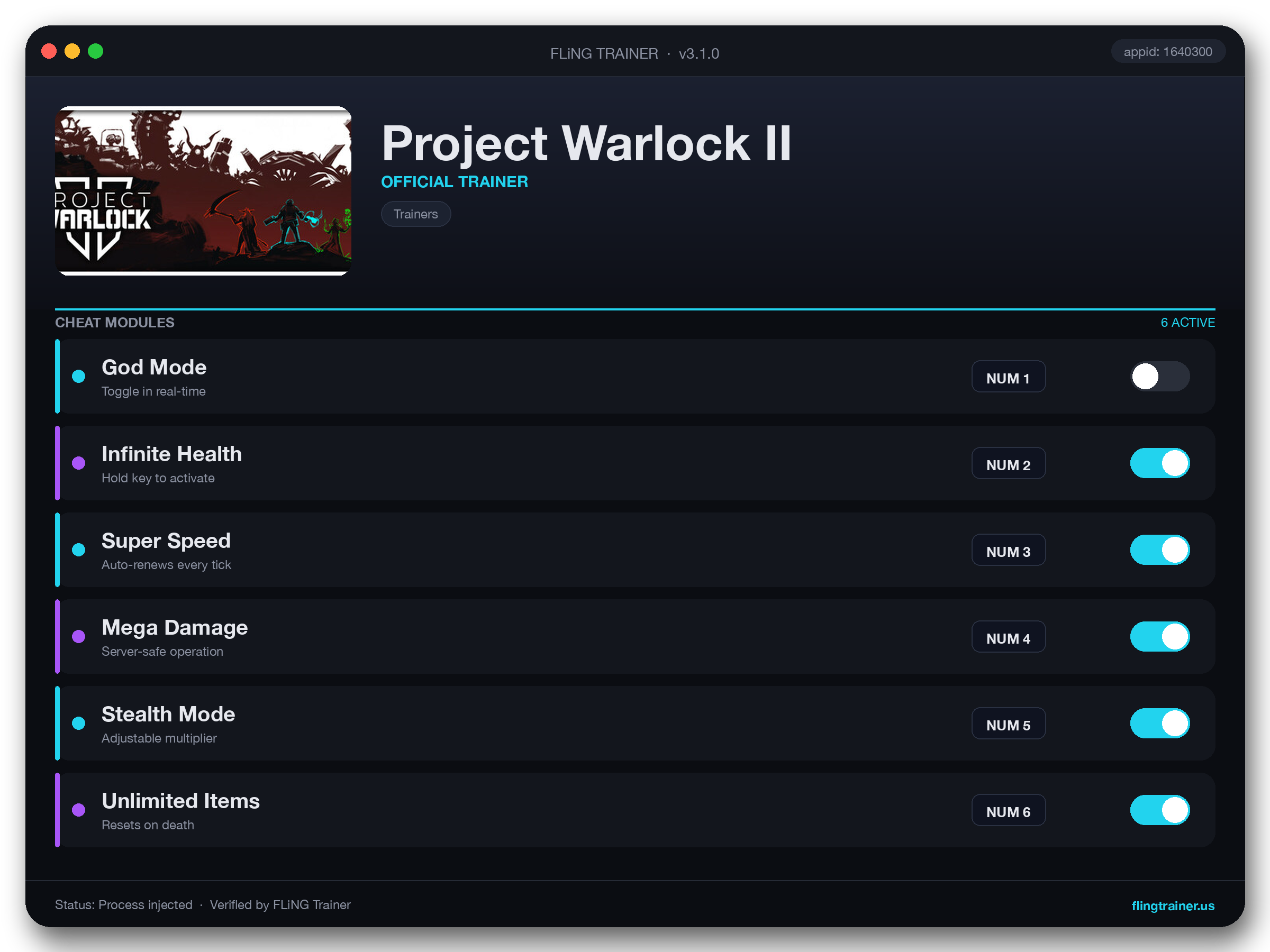 Project Warlock II Trainer interface