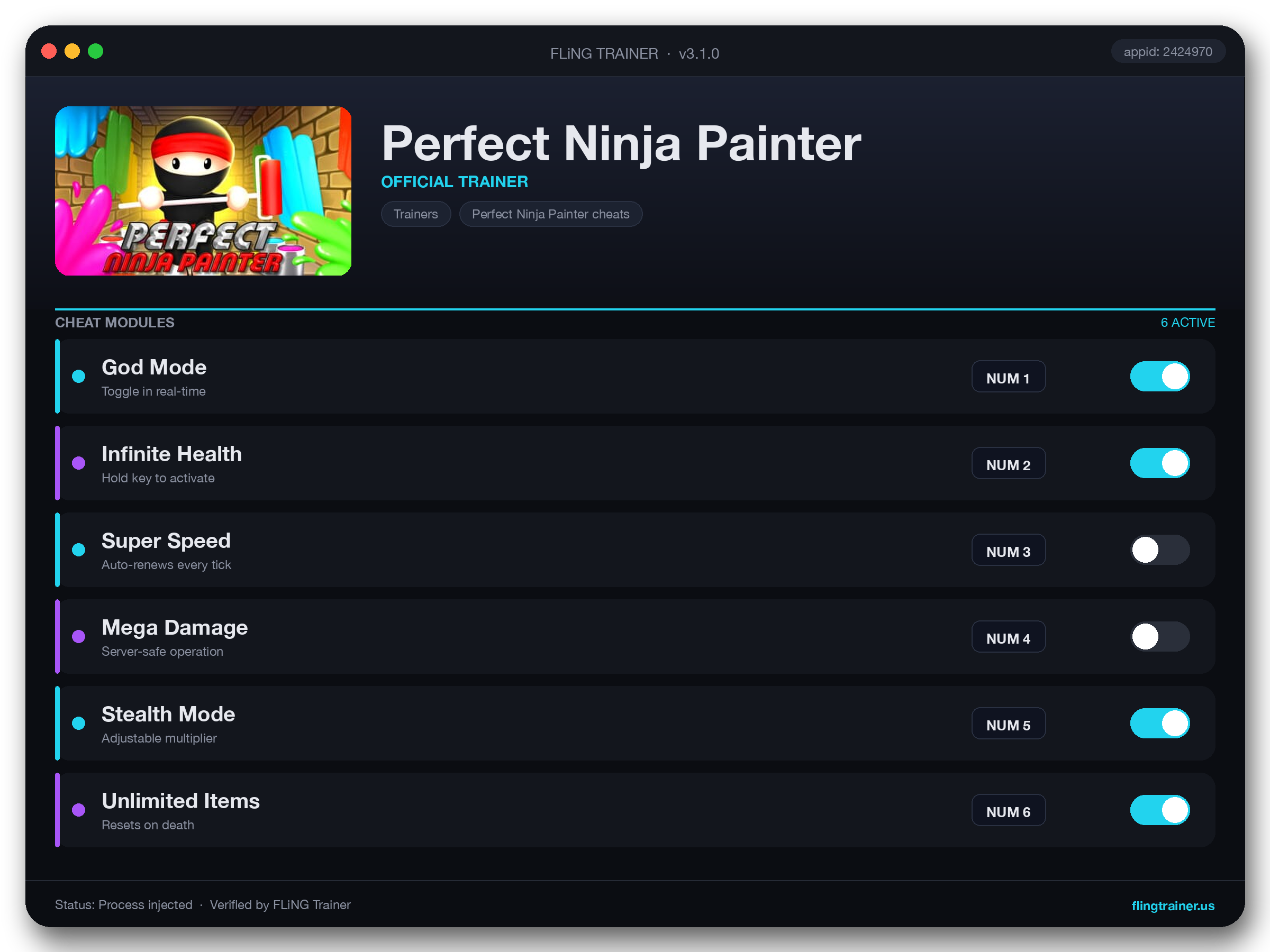 Perfect Ninja Painter Trainer interface