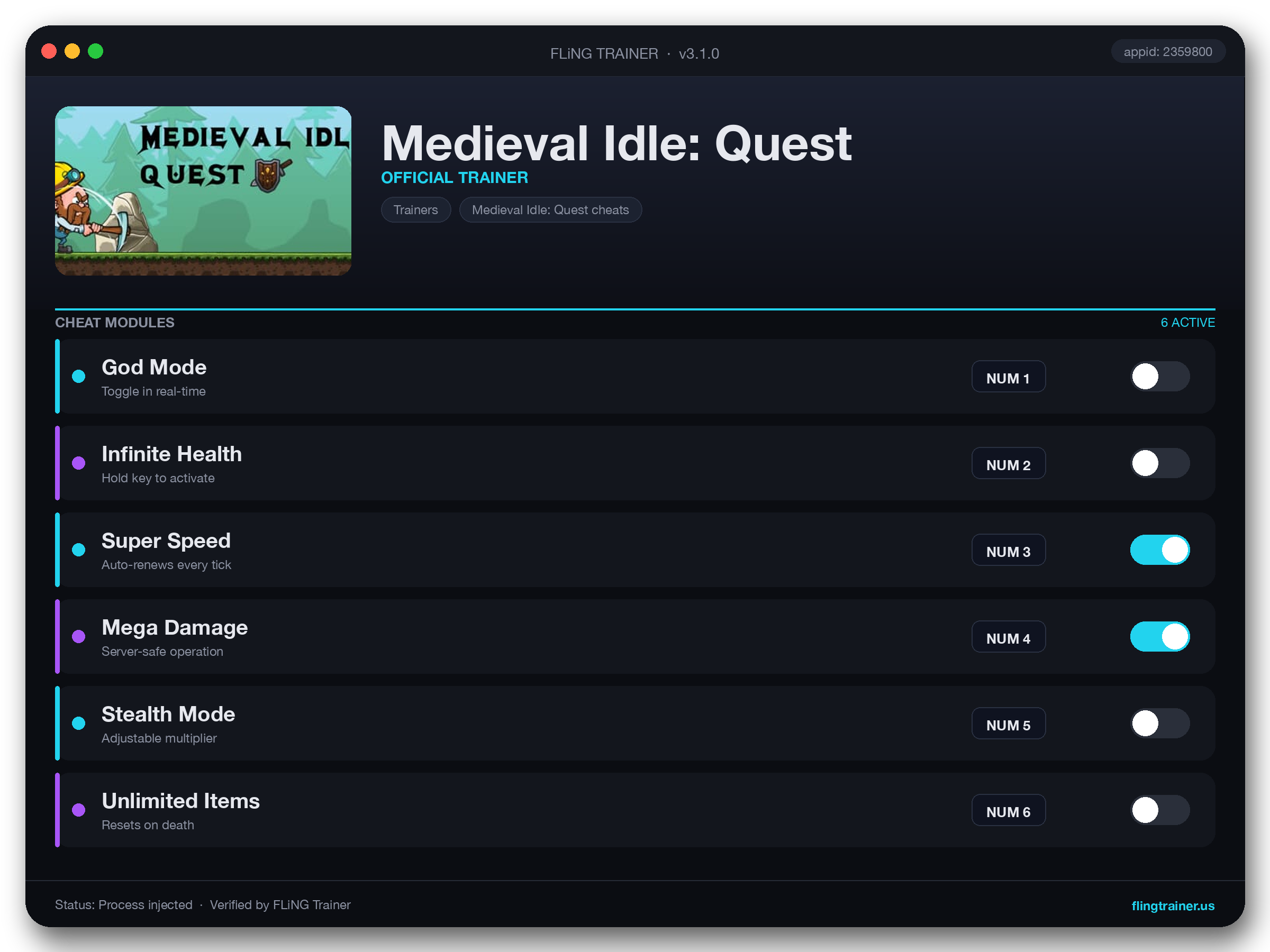 Medieval Idle: Quest Trainer interface