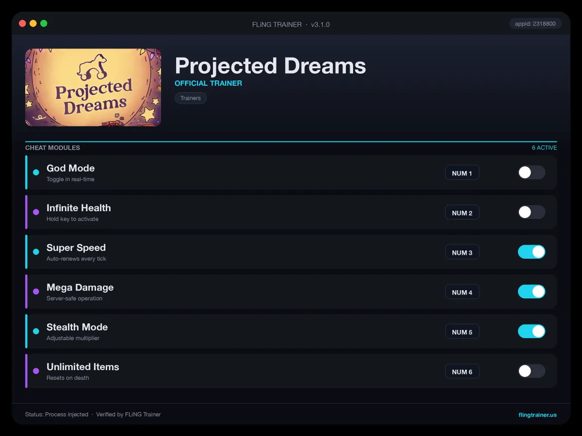 Projected Dreams Trainer interface