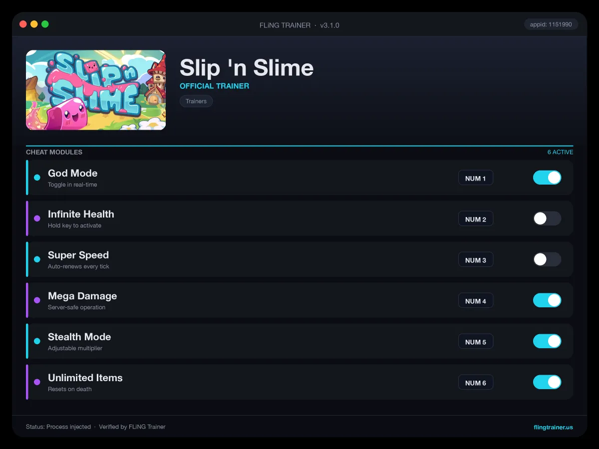 Slip 'n Slime Trainer interface