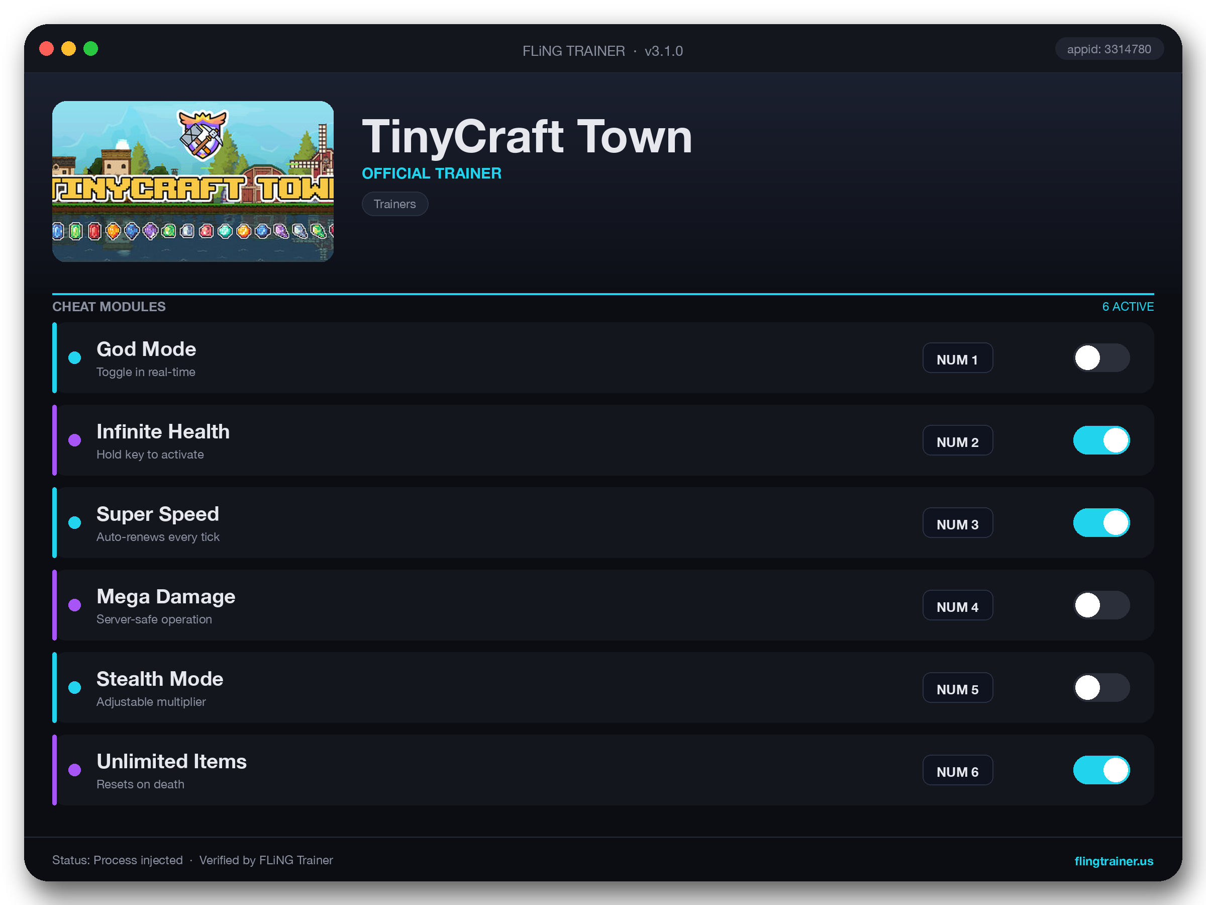 TinyCraft Town Trainer interface