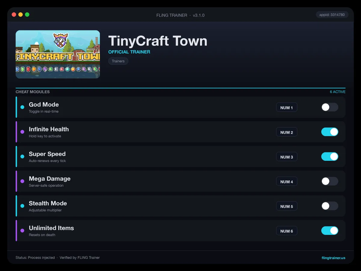 TinyCraft Town Trainer interface