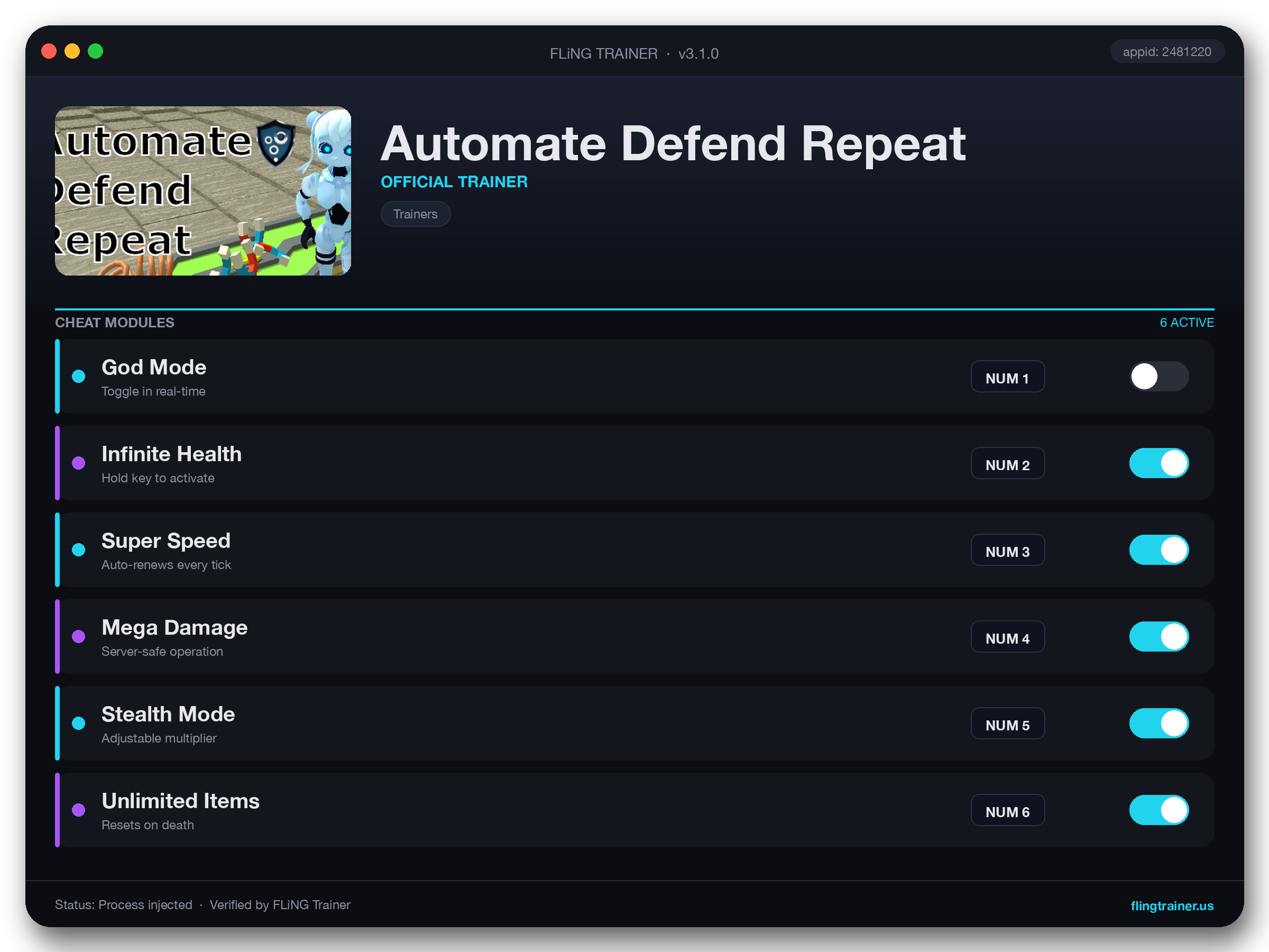 Automate Defend Repeat Trainer interface