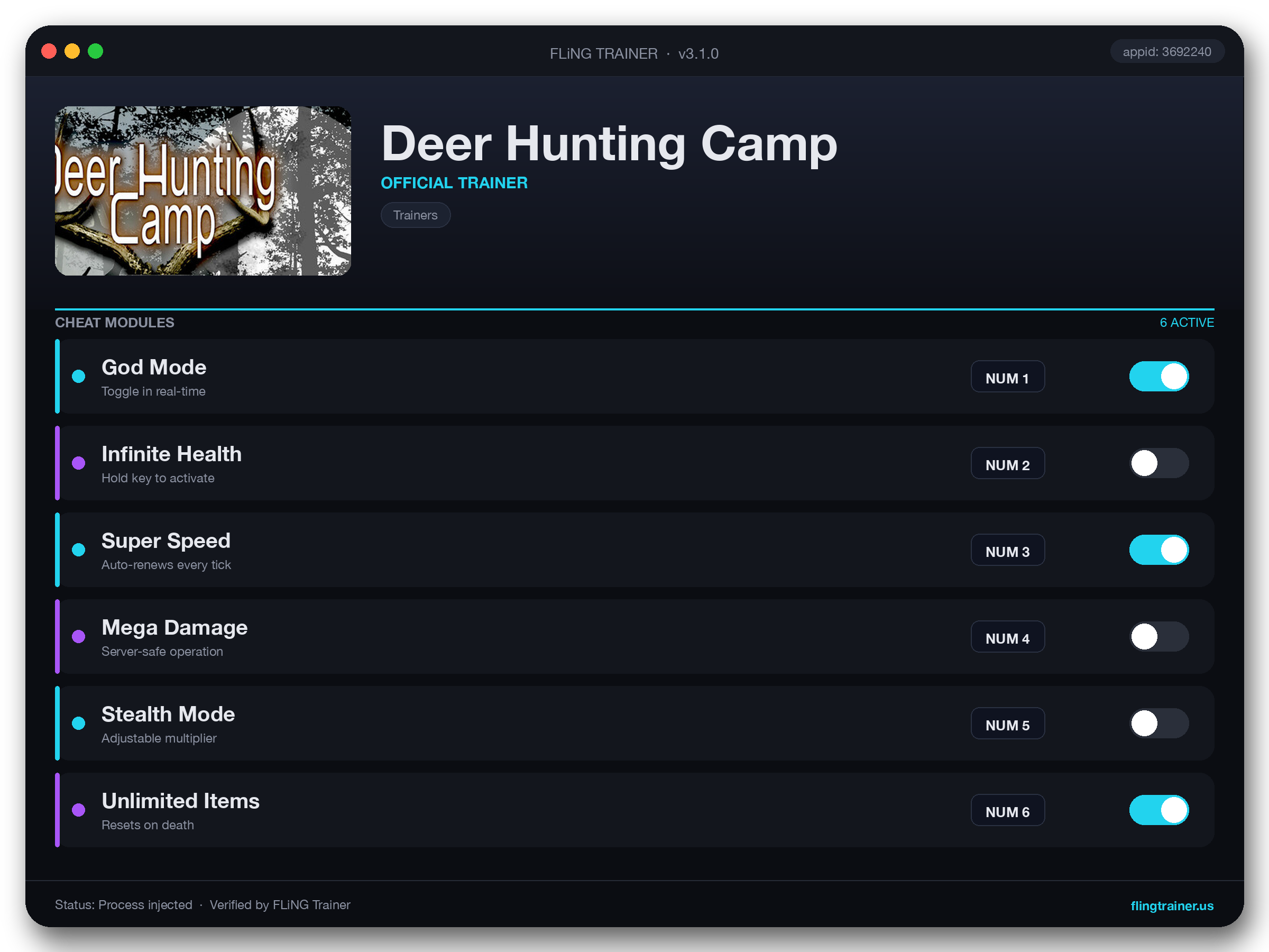 Deer Hunting Camp Trainer interface