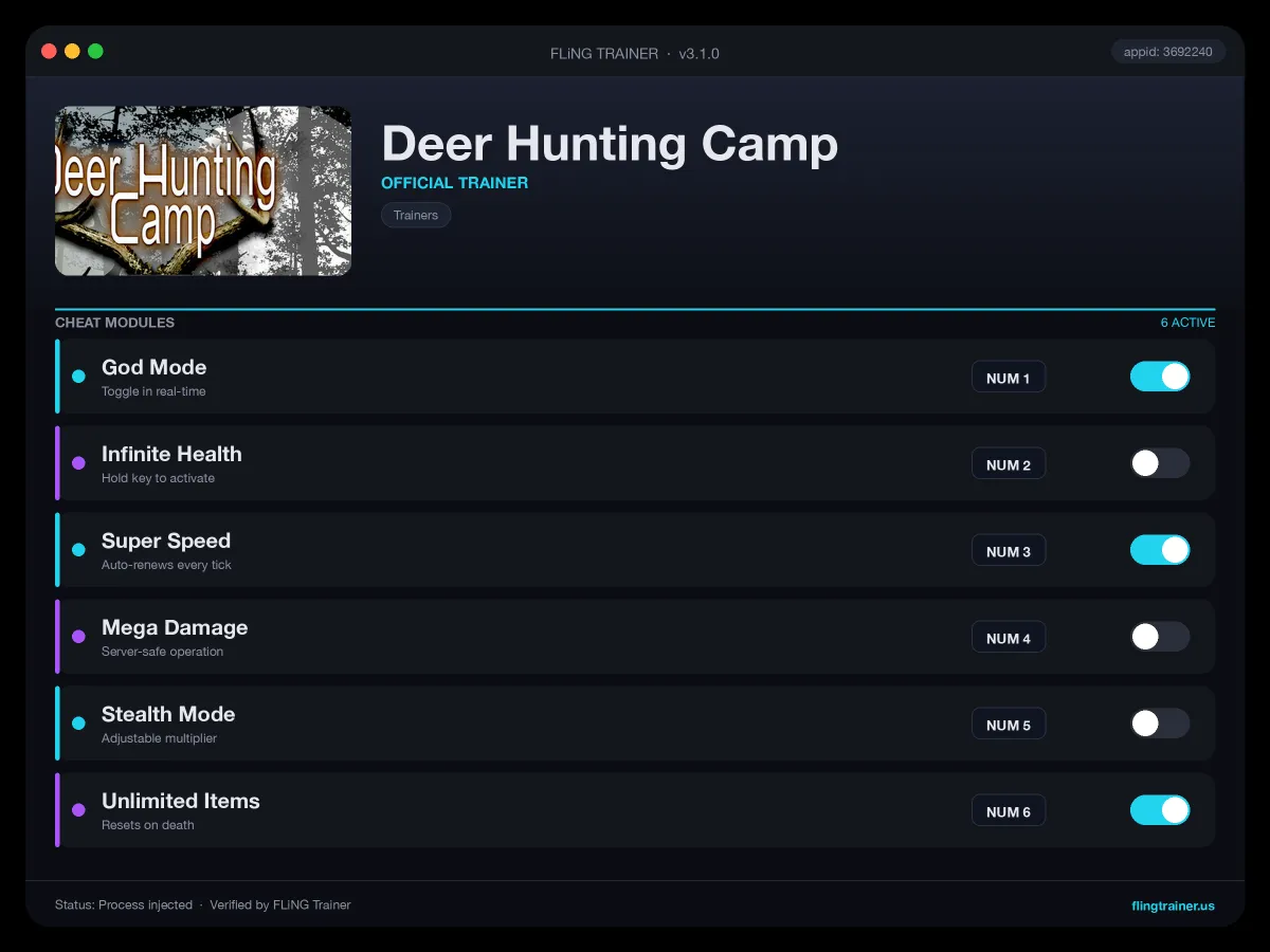 Deer Hunting Camp Trainer interface