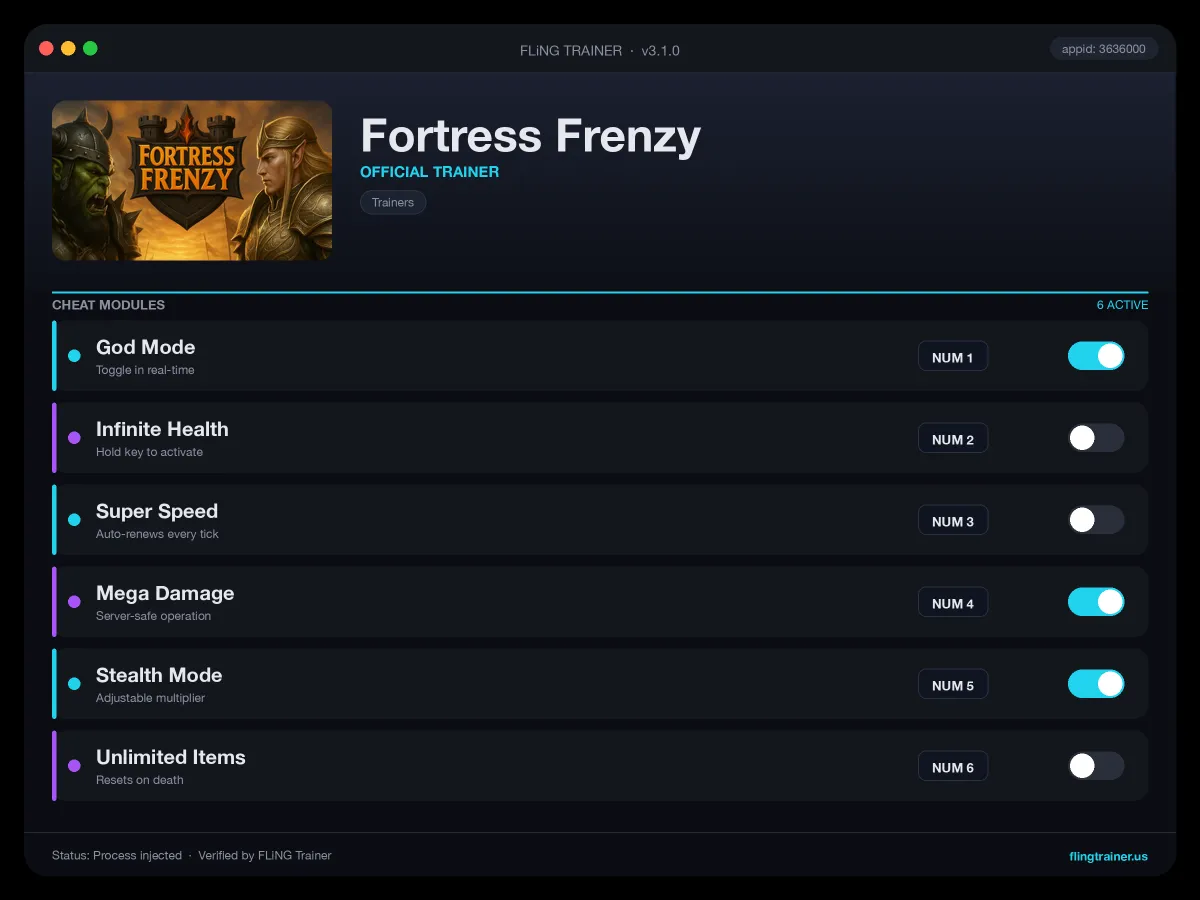 Fortress Frenzy Trainer interface