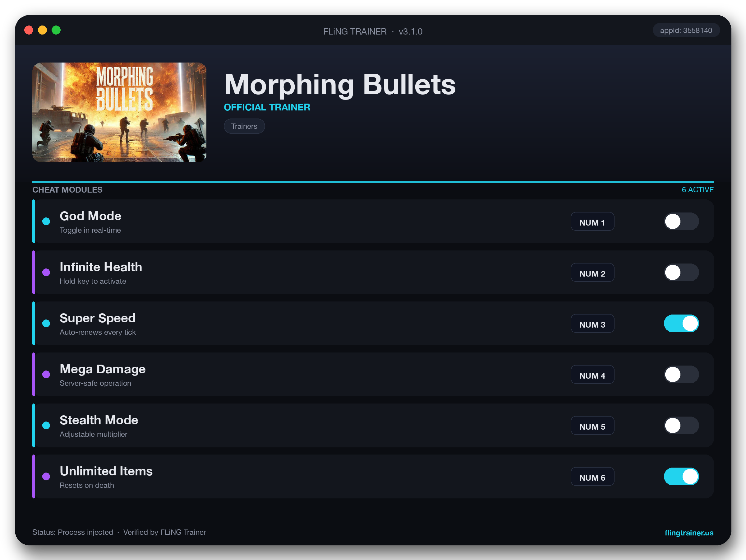Morphing Bullets Trainer interface