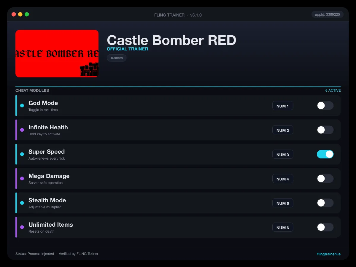 Castle Bomber RED Trainer interface