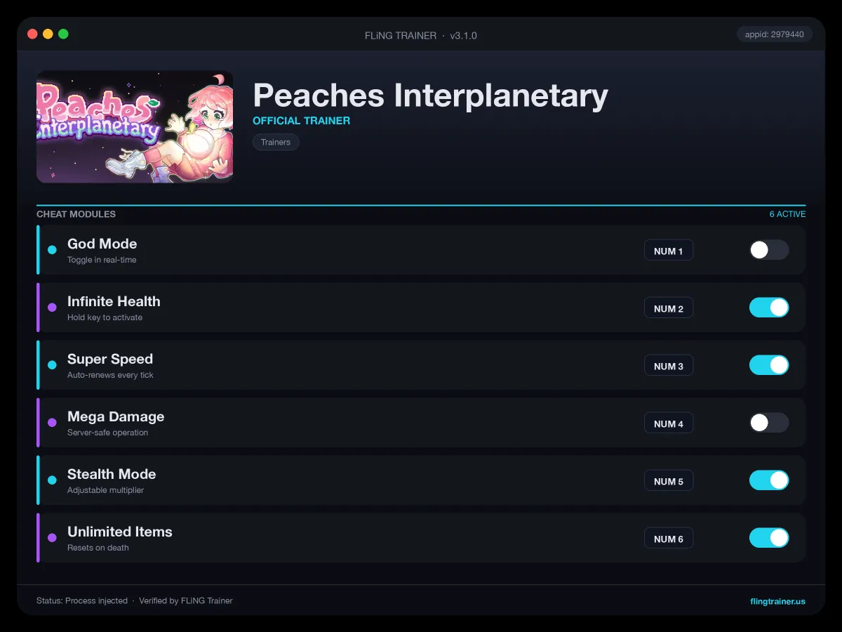 Peaches Interplanetary Trainer interface