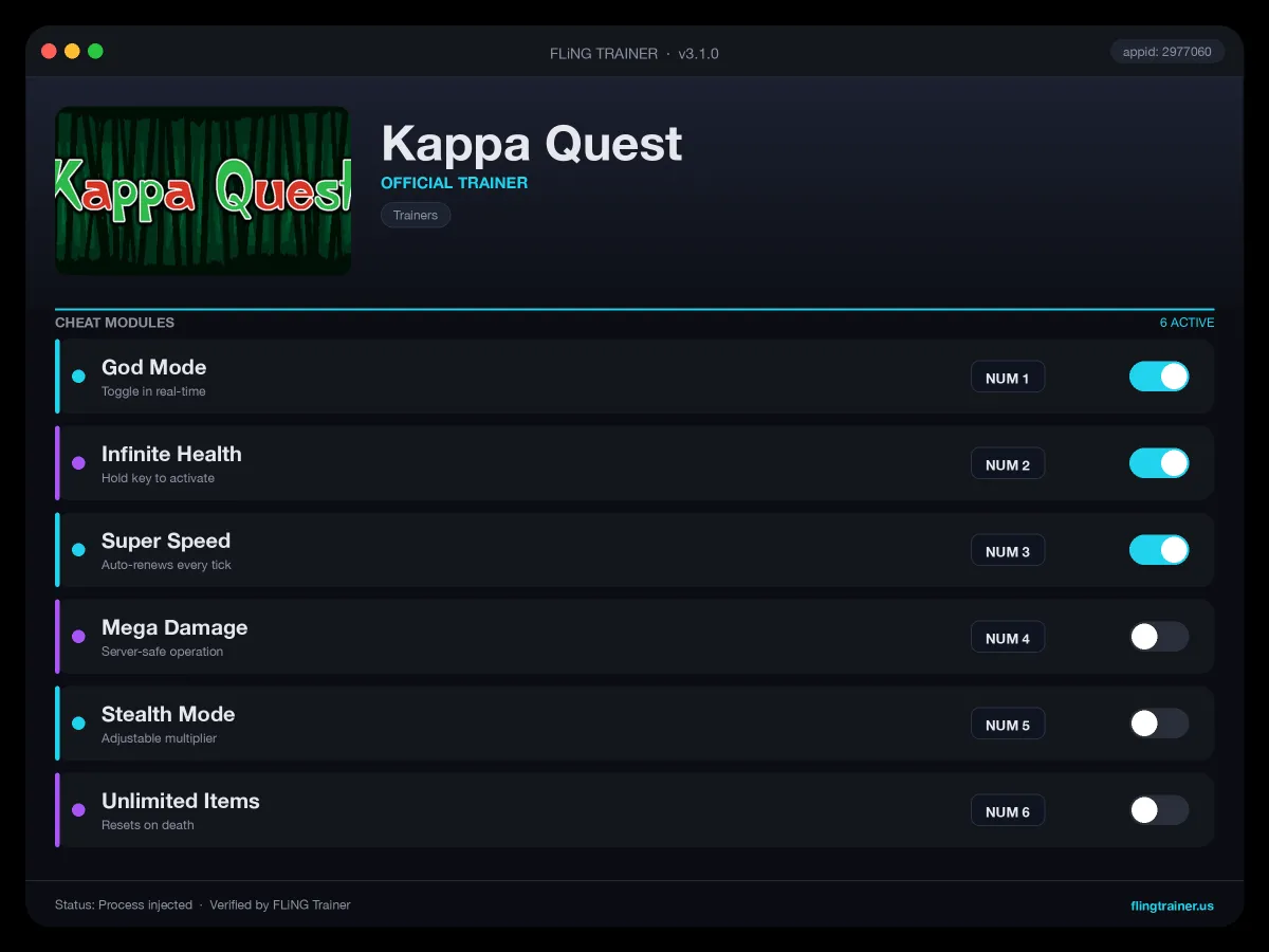 Kappa Quest Trainer interface