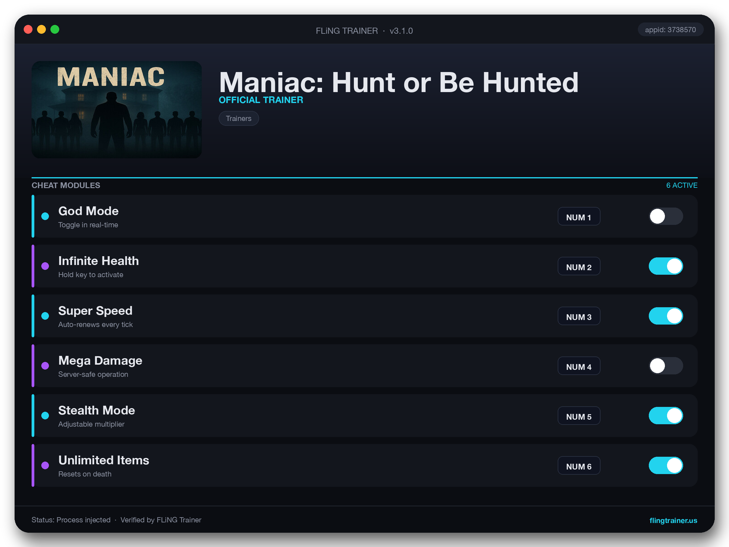 Maniac: Hunt or Be Hunted Trainer interface